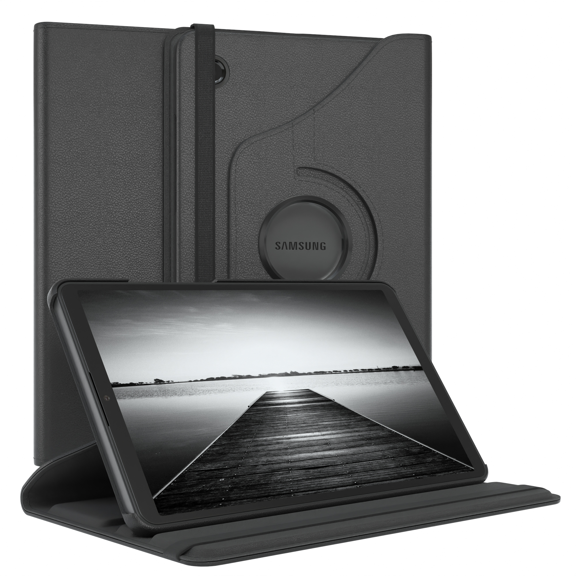 Schwarzes Tablet in schwarzer Hülle. Der Bildschirm zeigt ein Graustufenbild eines Stegs.