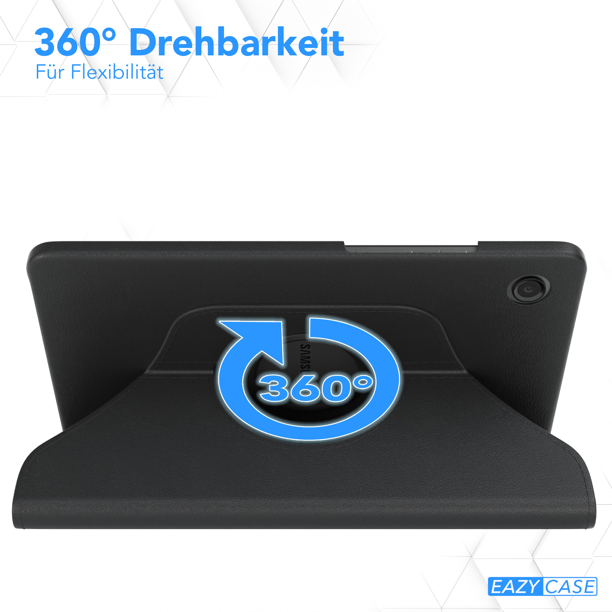 Schwarzes Tablet in einem schwarzen Ständer. Der Ständer zeigt 360 Grad. Weißer Hintergrund mit Text.