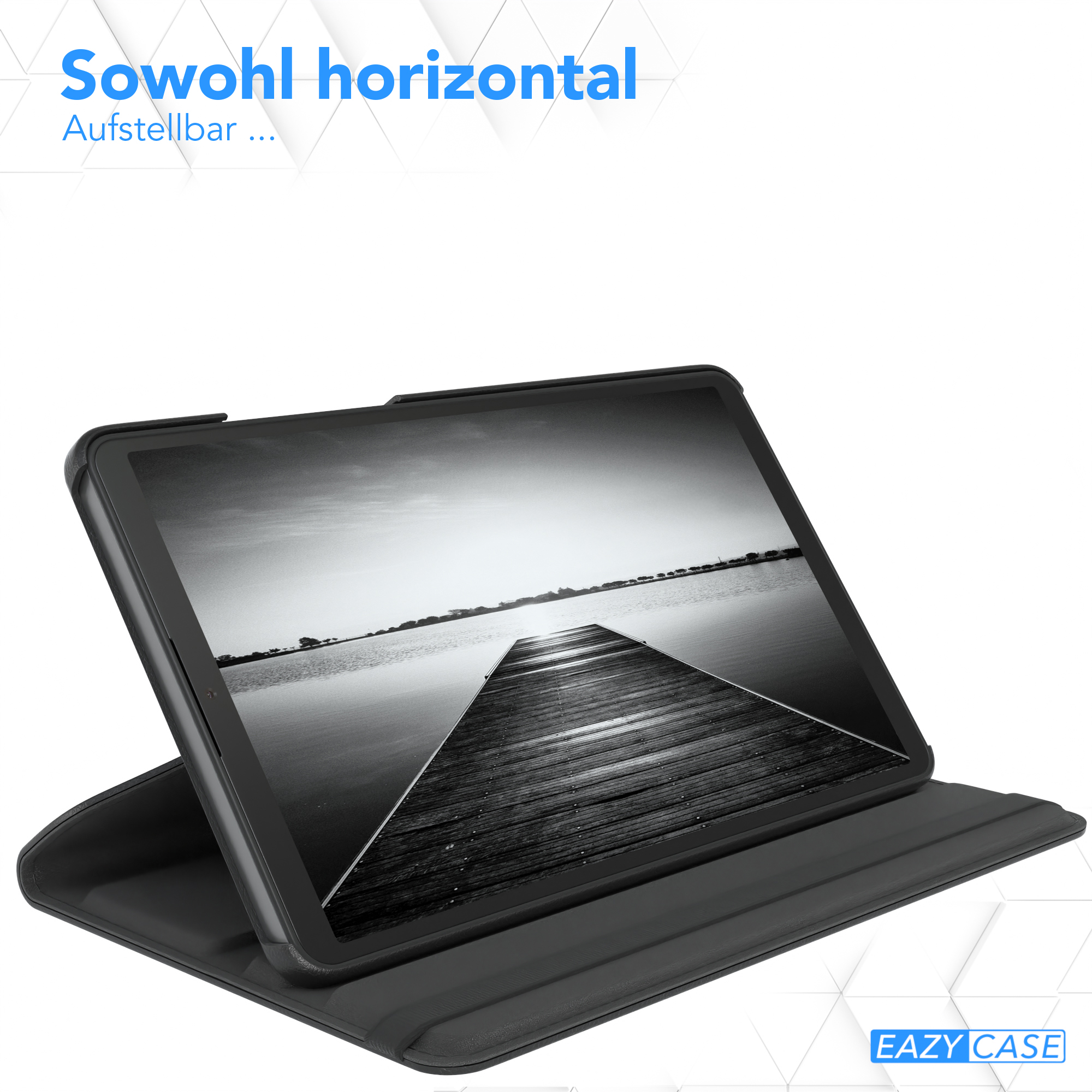 Schwarzes Tablet auf einem Ständer. Der Tablet-Bildschirm zeigt ein Dock und eine Landschaft.