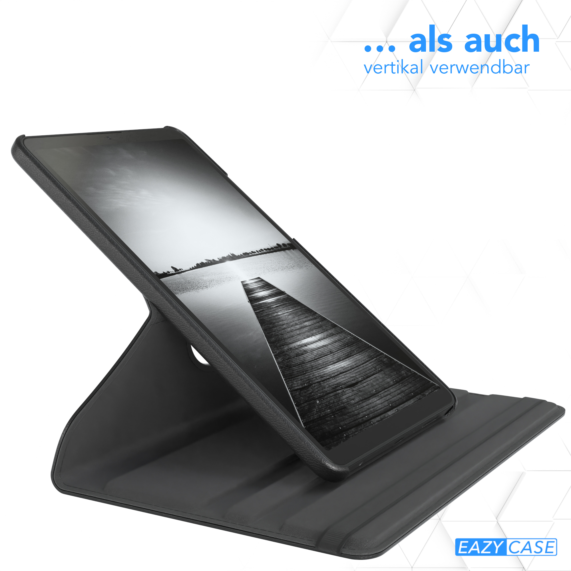 Ein schwarzes Tablet in einer schwarzen Hülle, die aufgestellt ist. Hintergrundtext: '...als auch vertikal verwendbar'.