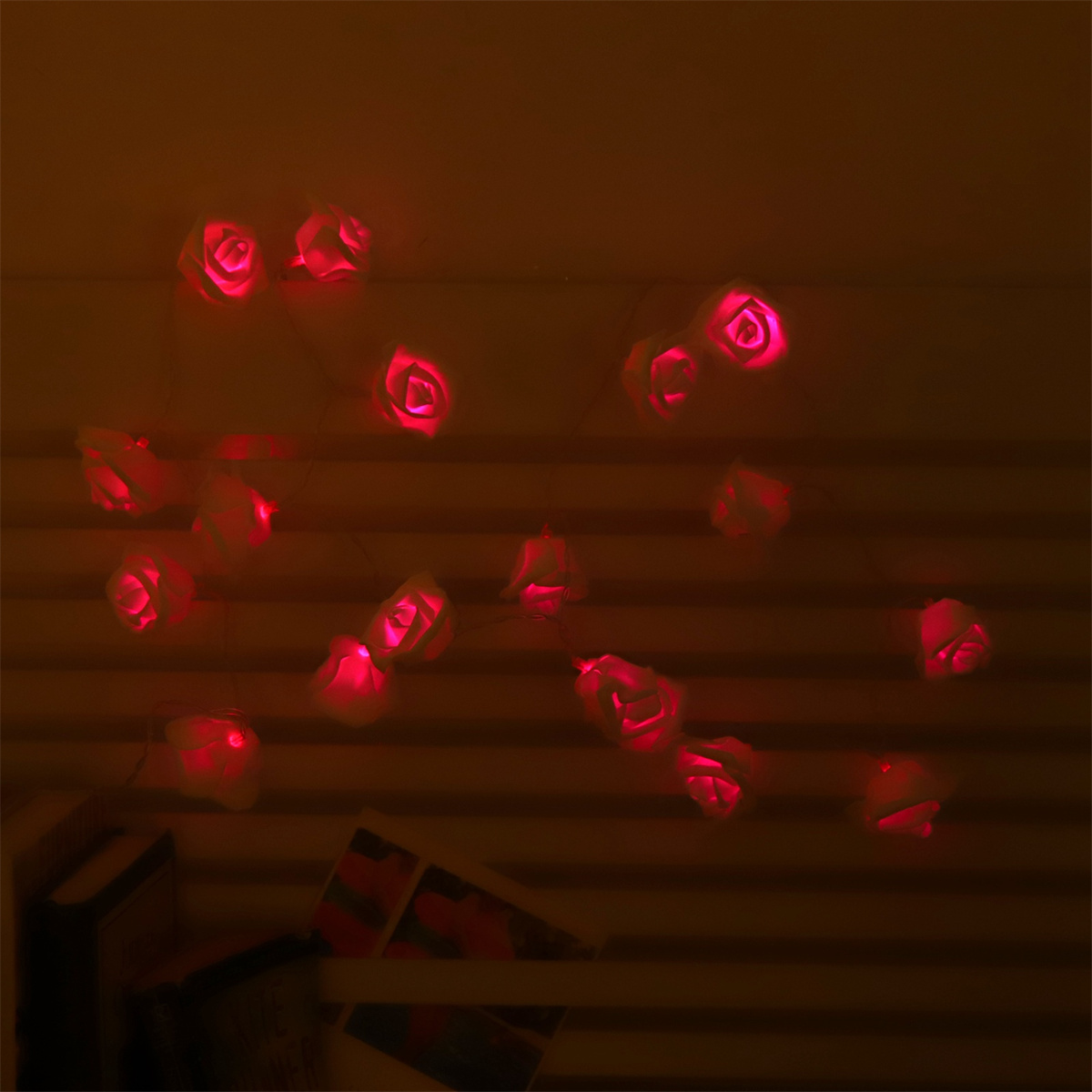Rote Rosenlichter an einer Wand. Einige Lichter sind beleuchtet. Die Wand ist dunkel. Einige Bücher auf einem Regal.
