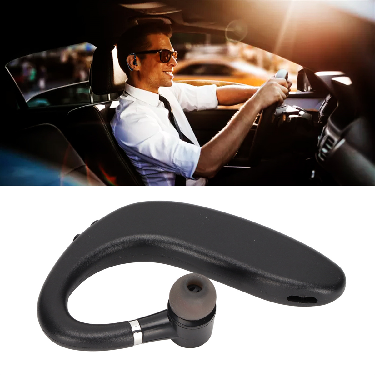 Ein Mann im Auto mit Sonnenbrille und schwarzem Bluetooth-Headset.