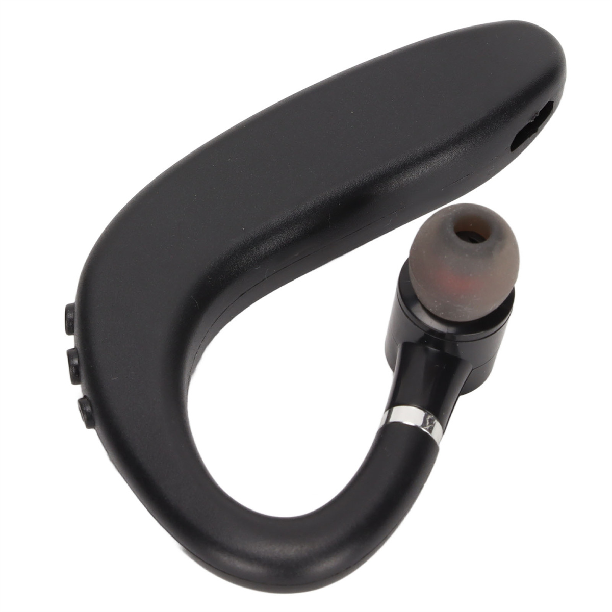 Ein schwarzes Bluetooth-Headset mit geschwungenem Design, das um das Ohr getragen wird, mit einem einzelnen Ohrhörer.