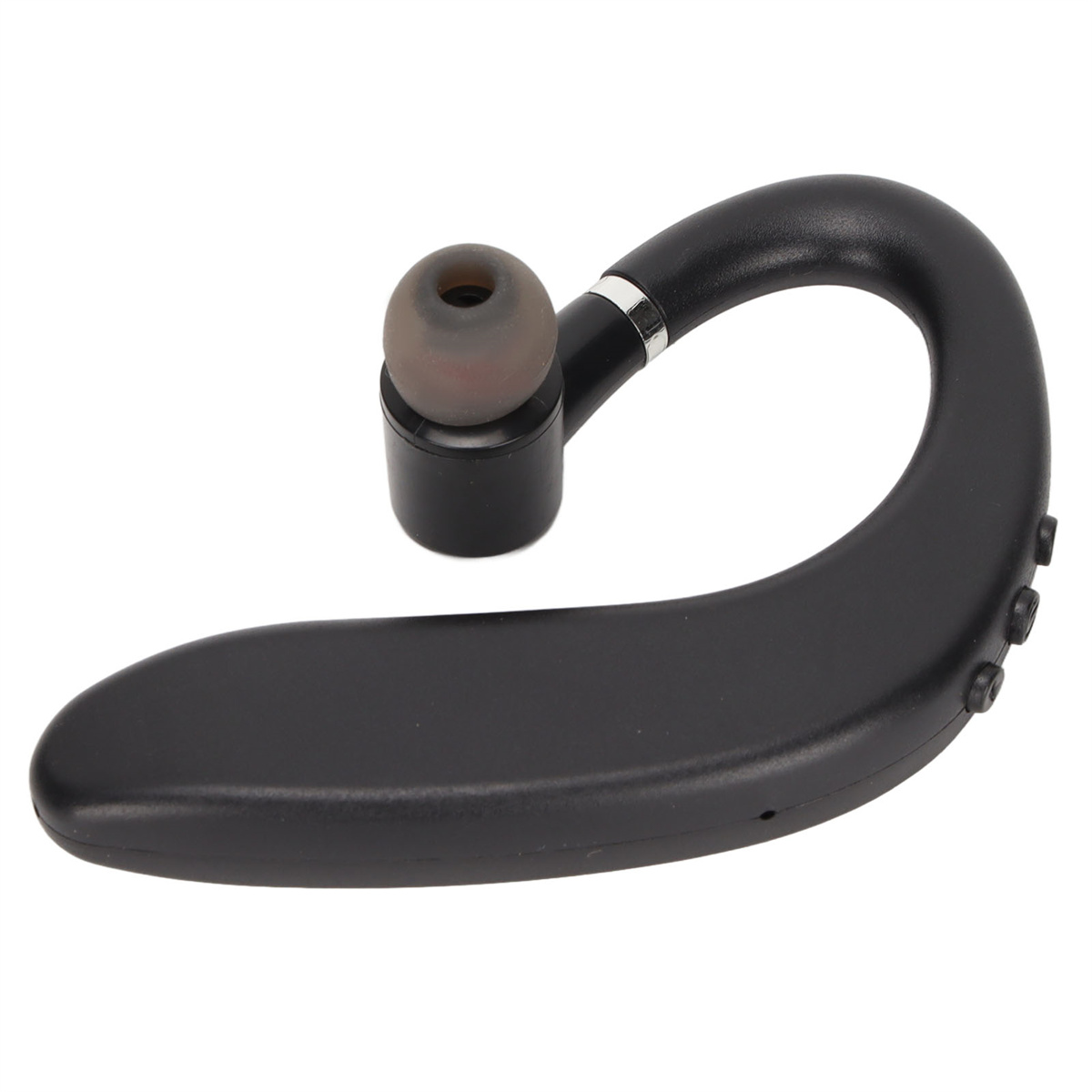 Schwarzes Bluetooth-Headset mit Ohrhörer und Ohrbügel. Weißer Hintergrund.