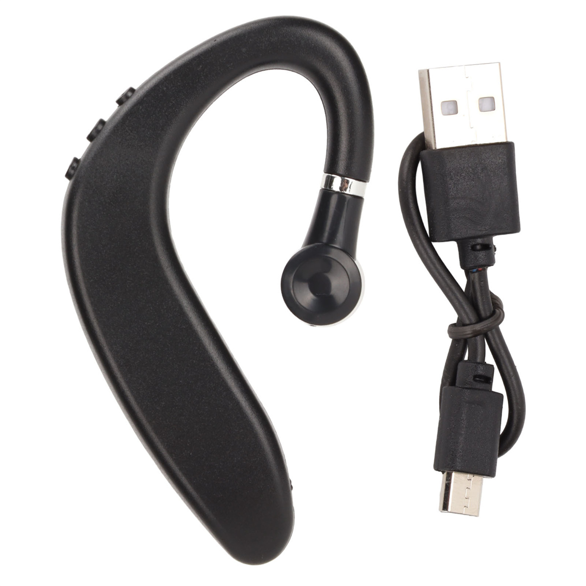 Ein schwarzes Bluetooth-Headset mit USB-Ladekabel.