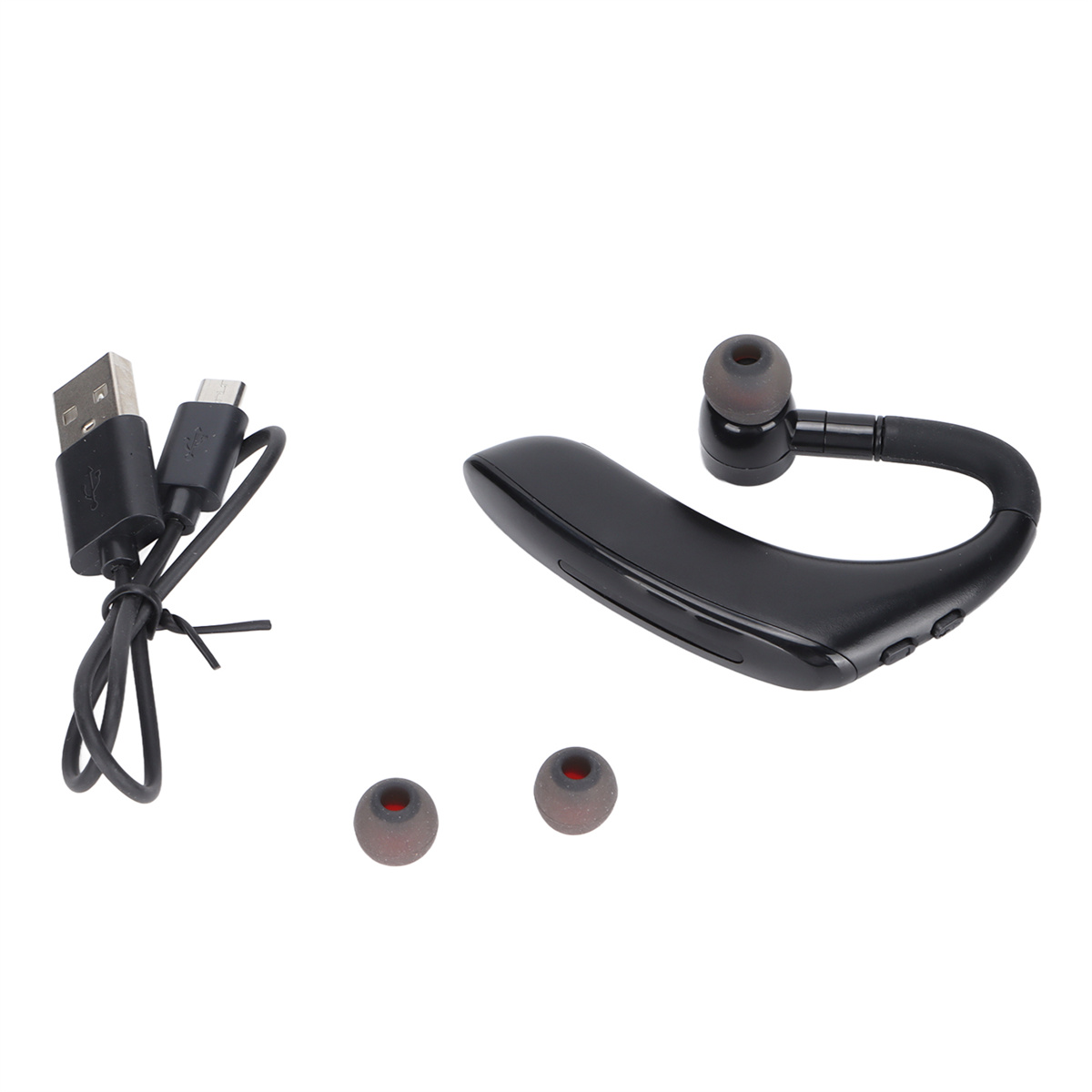 Ein schwarzer Bluetooth-Kopfhörer und ein USB-Kabel auf weißem Hintergrund.