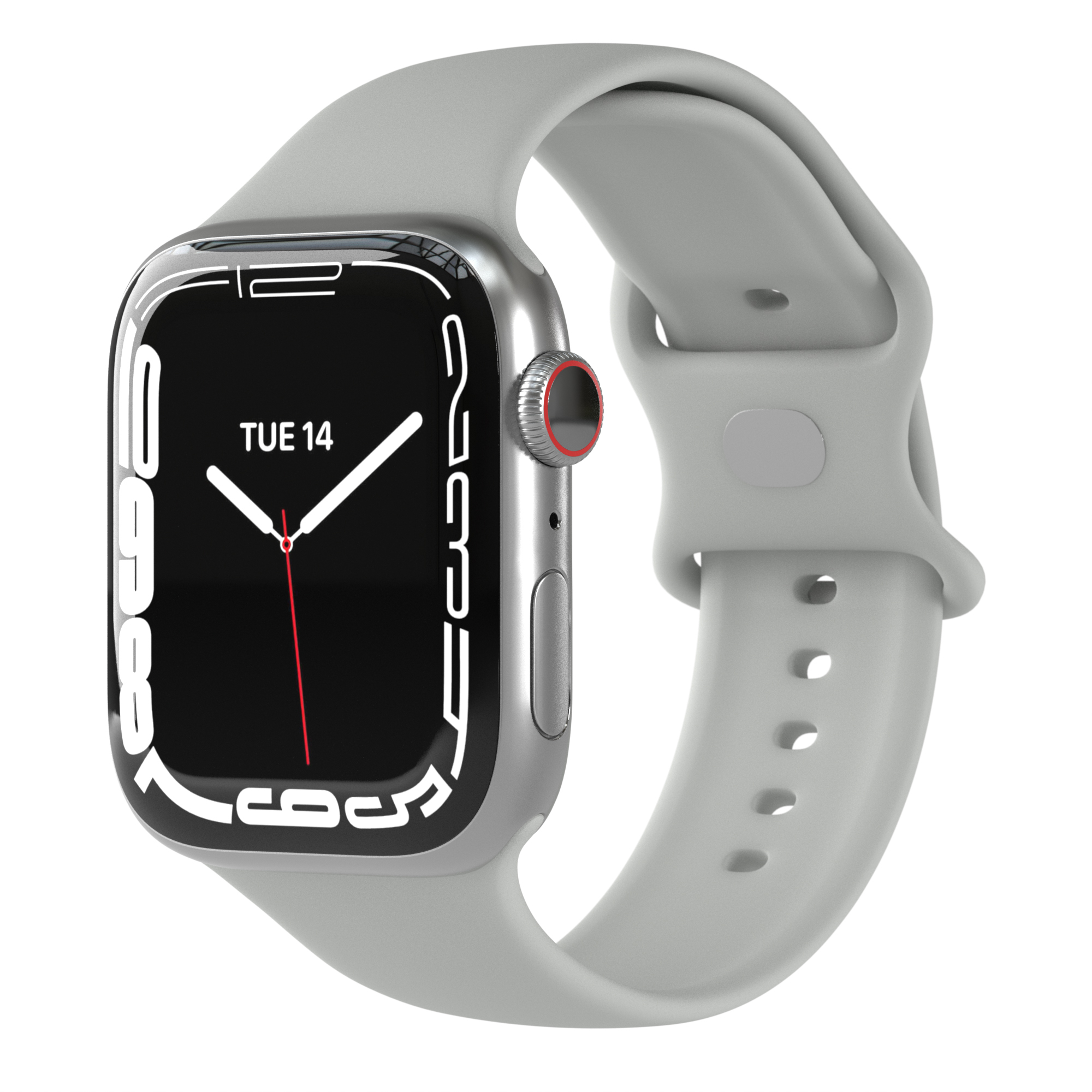 Silberne Apple Watch mit grauem Armband. Die Uhr zeigt die Uhrzeit an. Weißer Hintergrund.