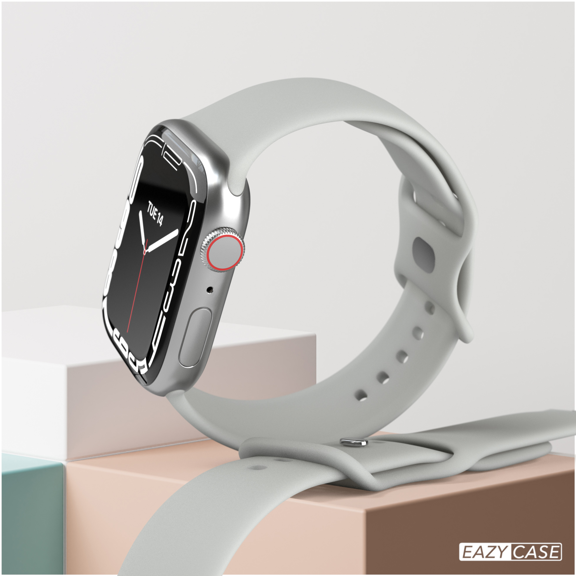 Silberne Smartwatch mit grauem Armband. Das Zifferblatt zeigt die Uhrzeit an.