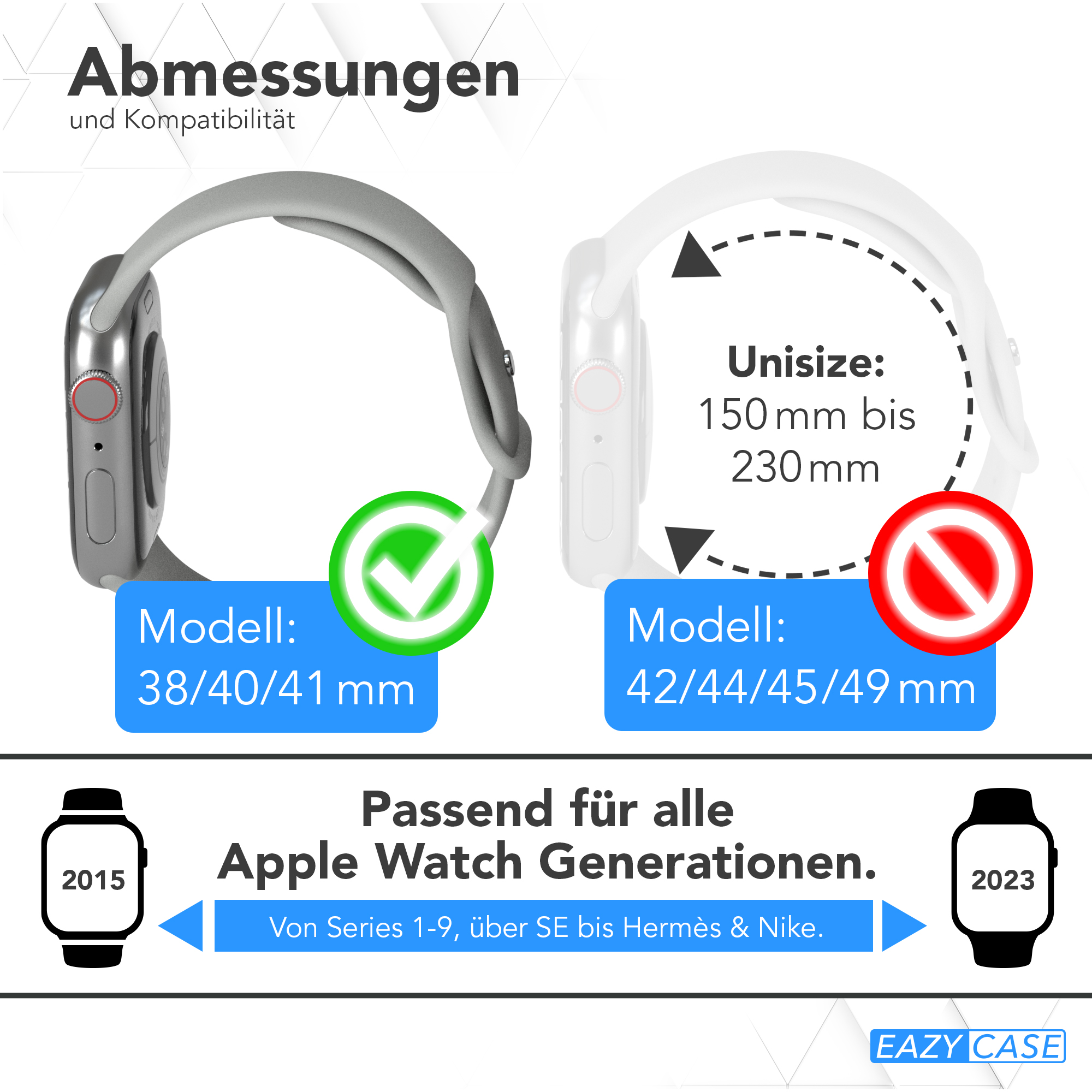 Diagramm zur Kompatibilität der Apple Watch-Größen, mit Text und Logos. Weißer Hintergrund.