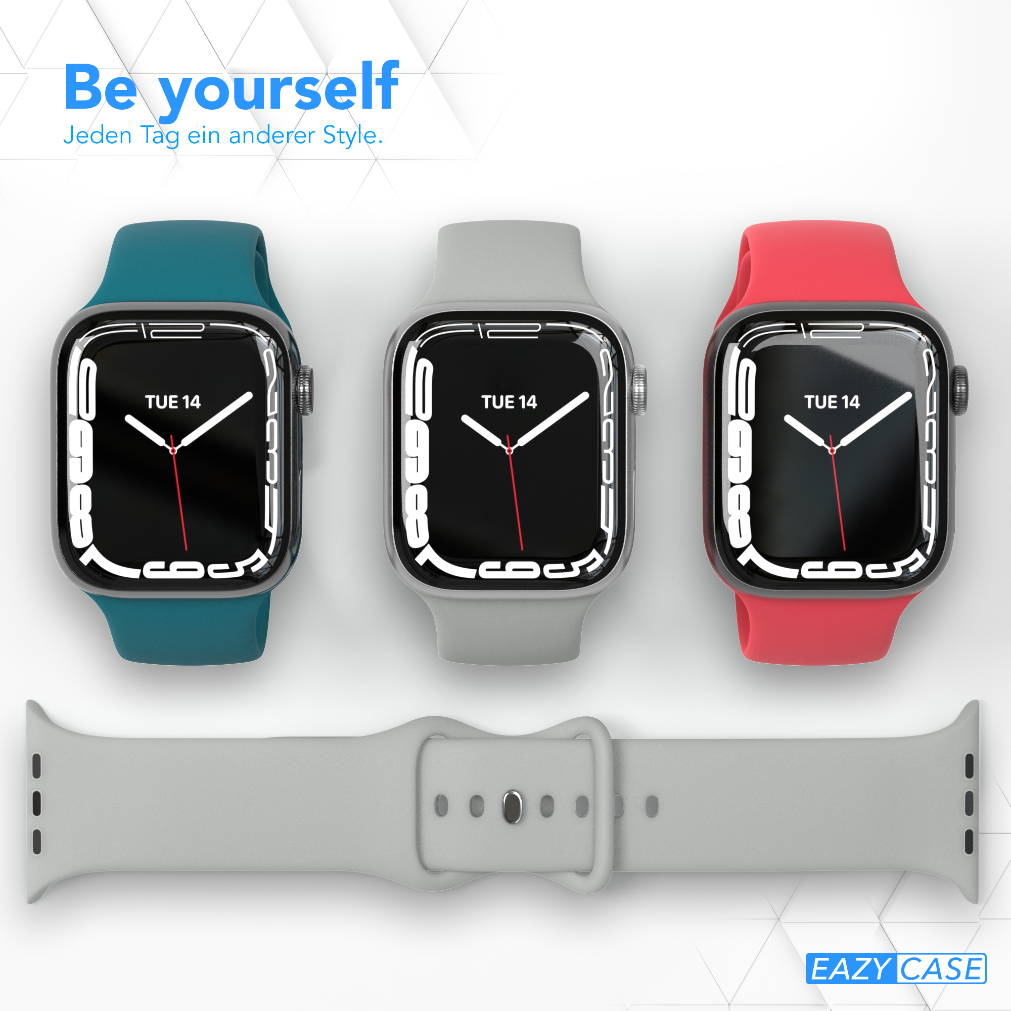 Drei Smartwatches mit verschiedenfarbigen Armbändern. Ein graues Band liegt darunter.