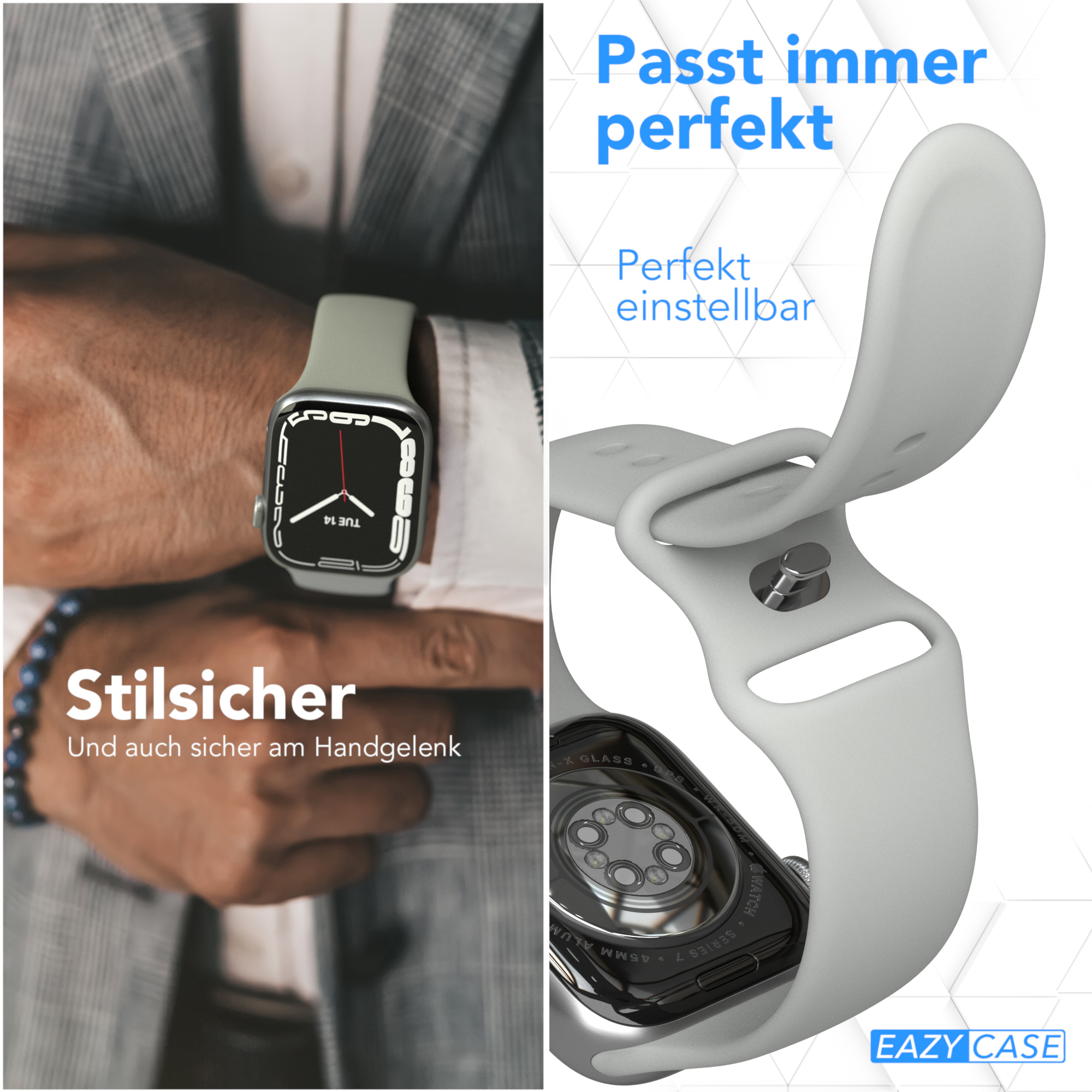 Männerhandgelenk mit Uhr. Rechts: Hellgraues Uhrenarmband.