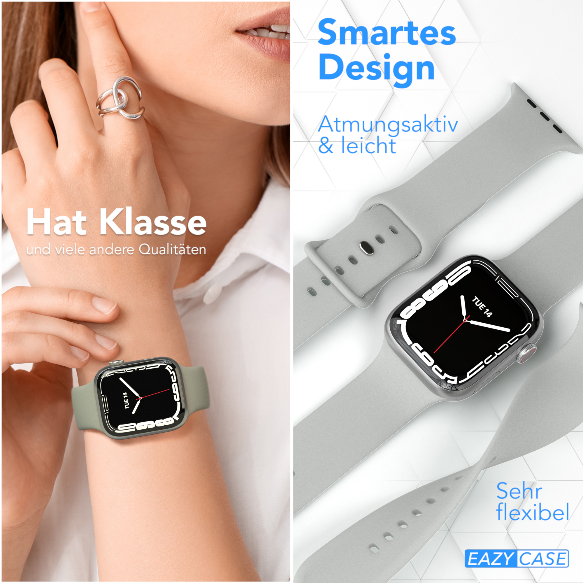 Zwei Bilder: eine Frau mit Smartwatch am Handgelenk und eine Nahaufnahme einer Uhr.