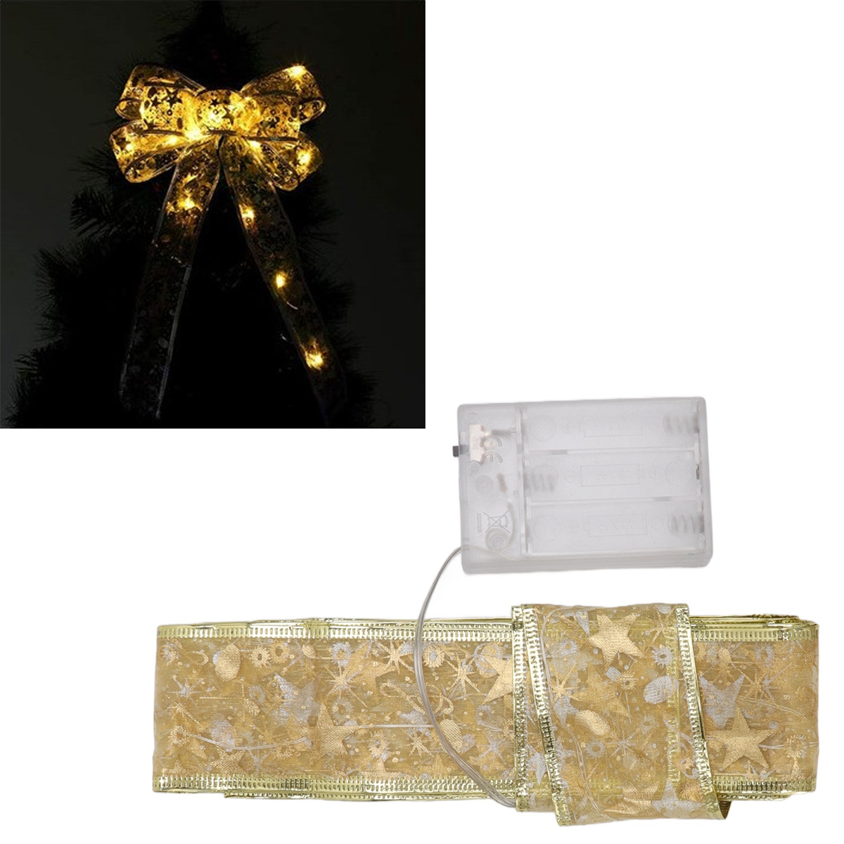 Beleuchtete Weihnachts-Schleife und -Band, goldfarben mit Sternen. Batteriepack mit Band auf weißem Grund.