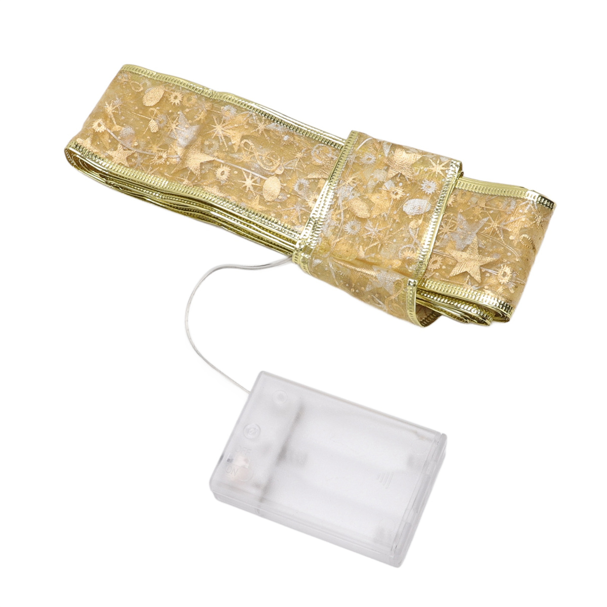Goldenes Sternband mit Batteriepack, weißer Hintergrund.