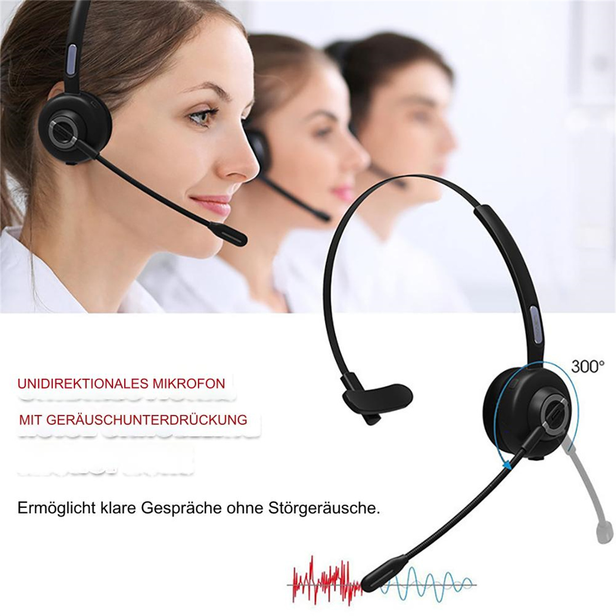Drei Personen mit Headsets. Text: 'Unidirektionales Mikrofon' und 'Geräuschunterdrückung'.