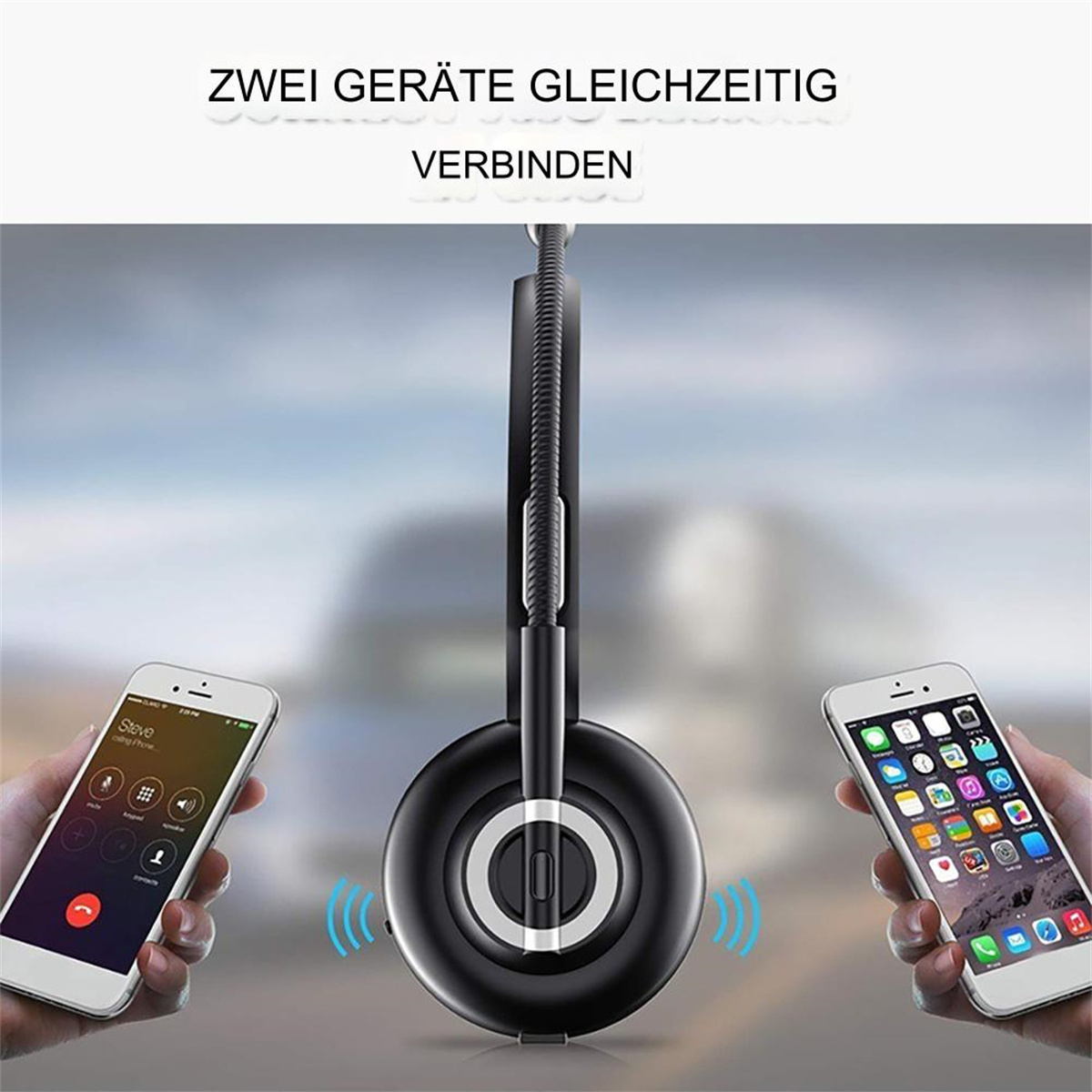 Zwei Telefone sind mit einem schwarzen Lautsprecher verbunden. Anrufe werden angezeigt.