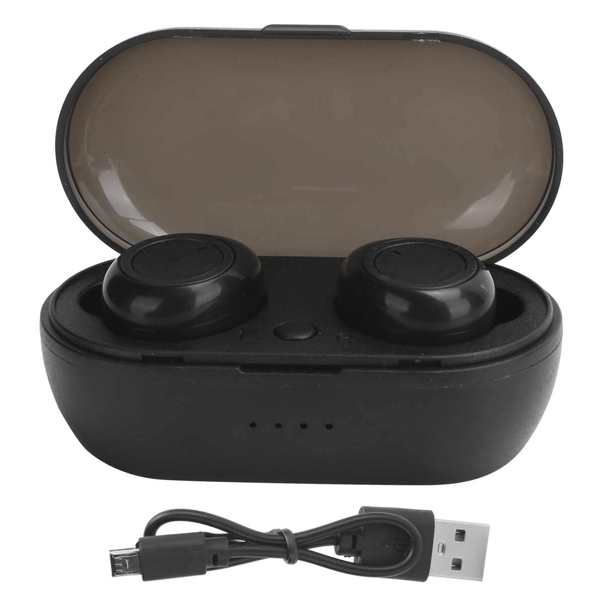 Schwarze Ohrhörer in einem Ladeetui mit USB-Kabel. Das Etui ist geöffnet.