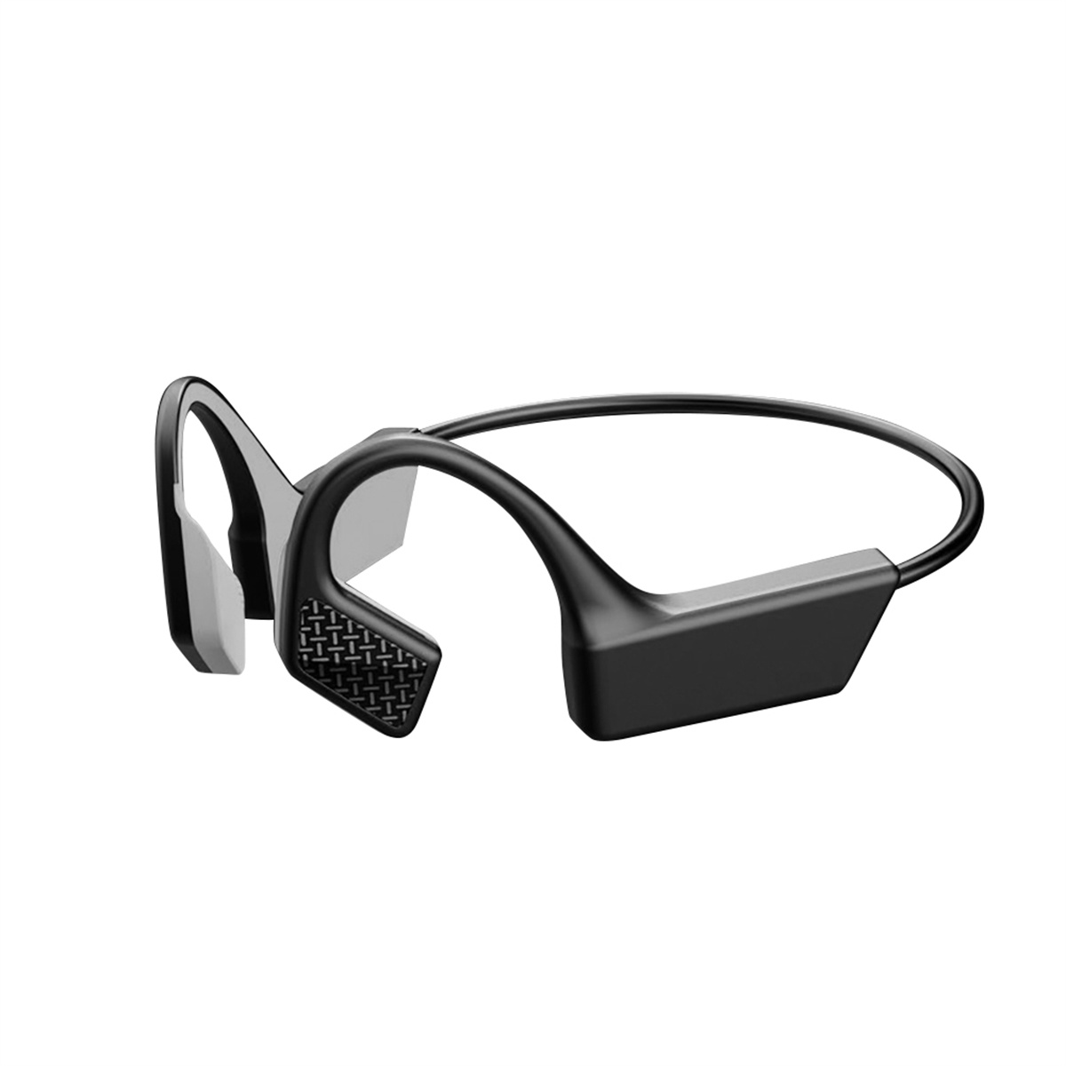 Schwarze Open-Ear-Kopfhörer liegen auf einer weißen Oberfläche. Das Design ist elegant und modern.