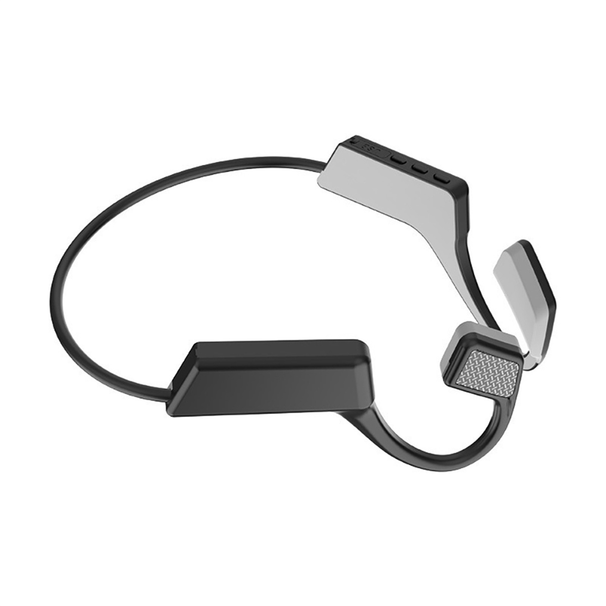 Knochenschall-Kopfhörer, schwarz-graues Farbschema, geschwungenes Design.