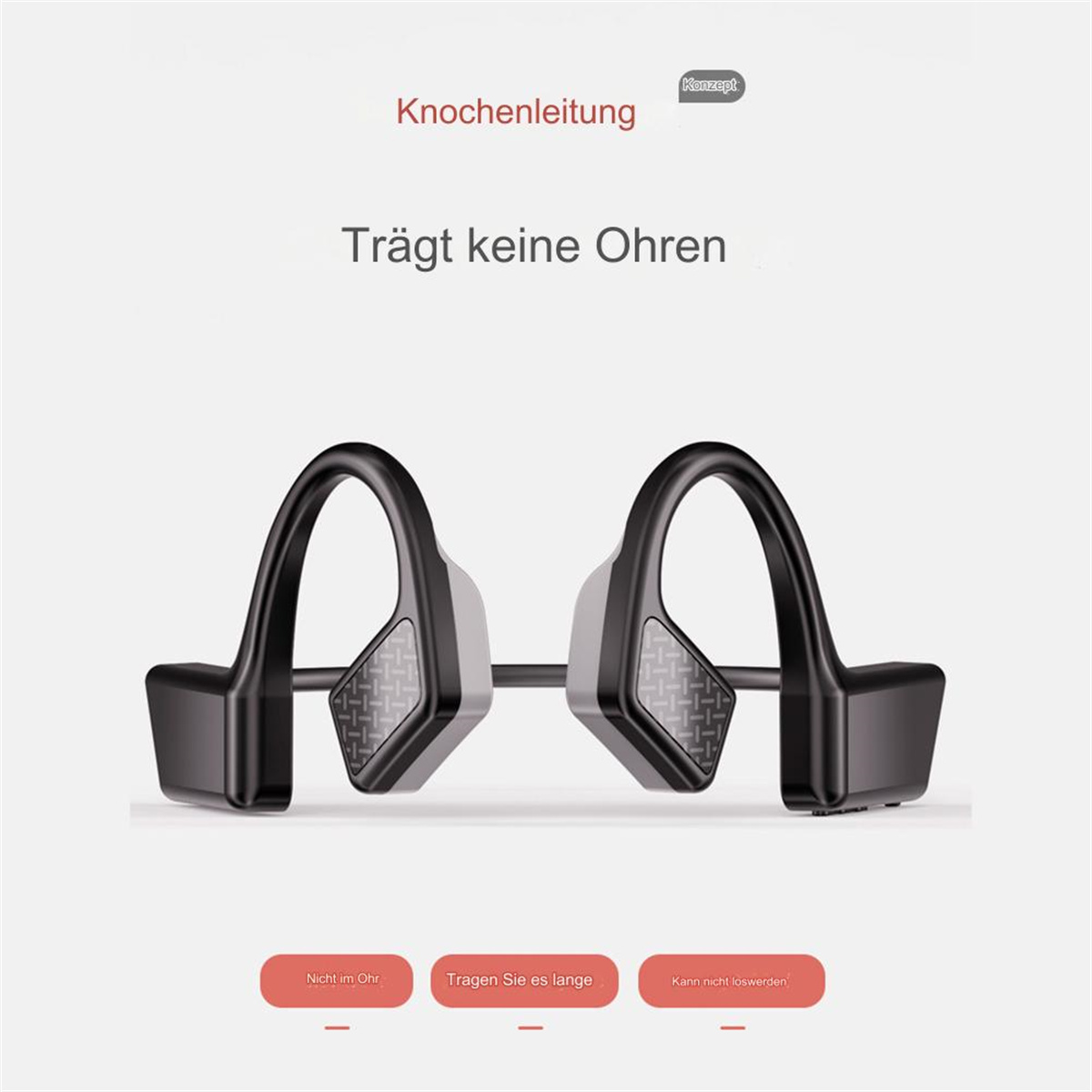 Schwarze Knochenschallkopfhörer. Text auf Deutsch über die Eigenschaften des Produkts ist sichtbar.
