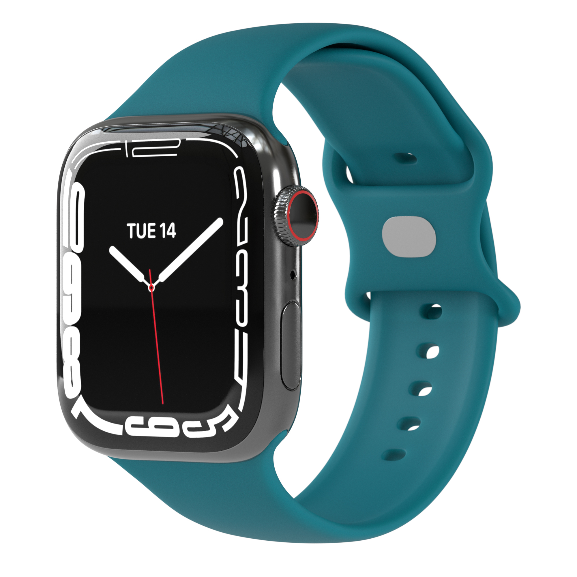 Eine Smartwatch mit tealfarbenem Armband, der Bildschirm zeigt das Datum.