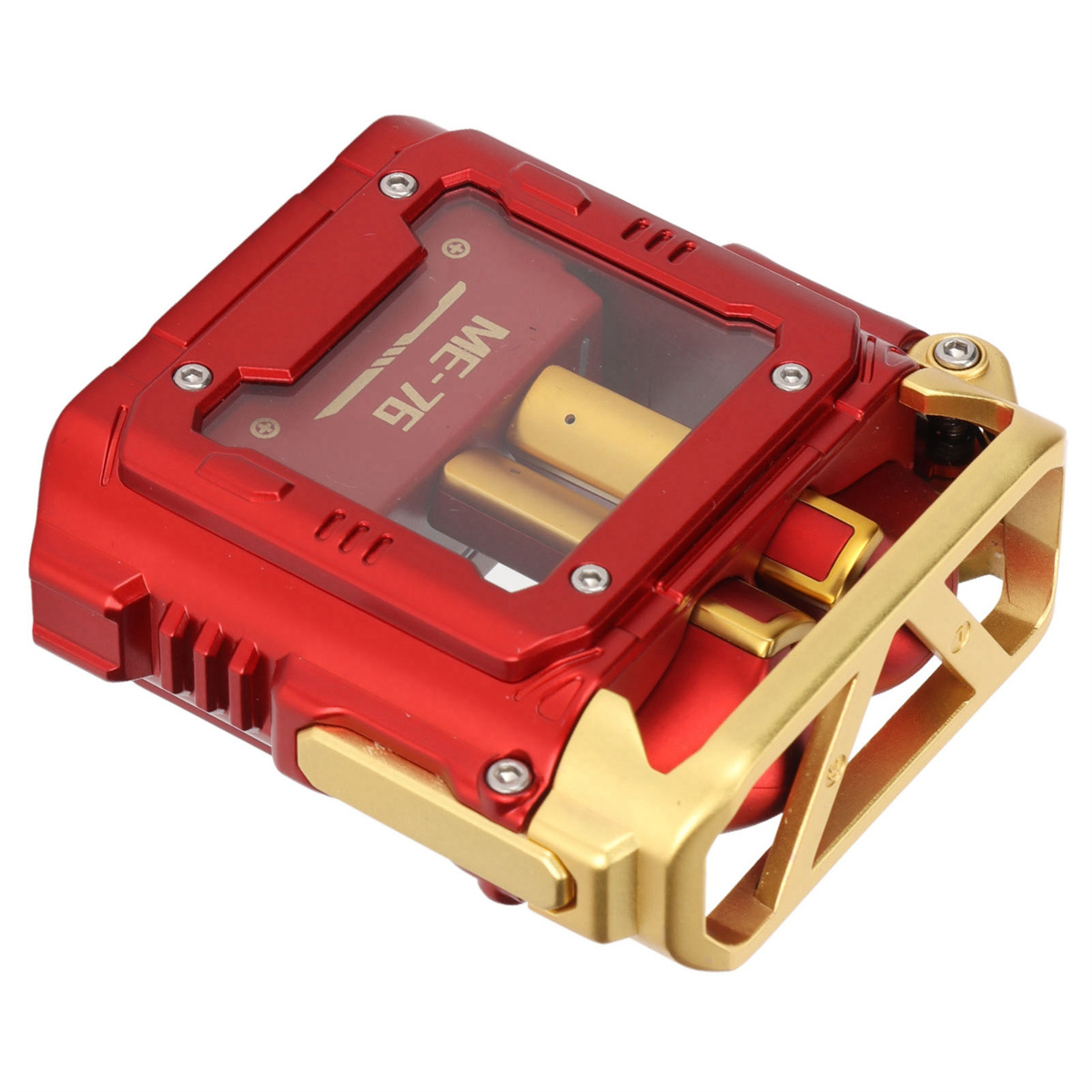 Ein rotes und goldenes elektronisches Gerät mit der Aufschrift ME-76 und einem transparenten Fenster.