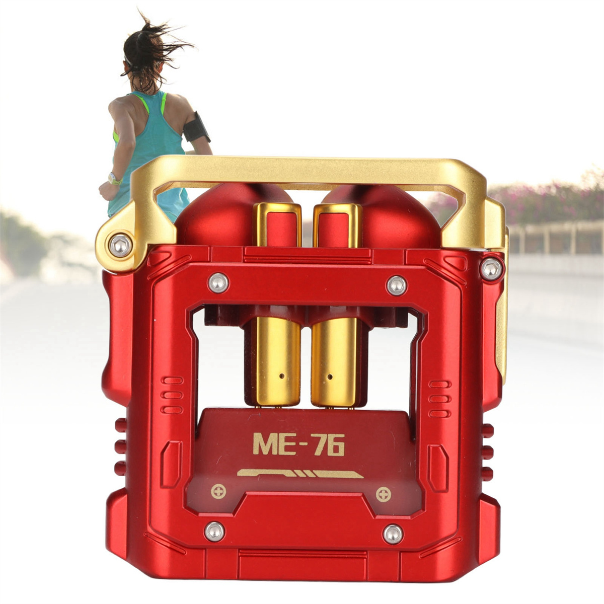 Rotes und goldenes Gerät mit Läufer im Hintergrund. Es hat 'ME-76' darauf.