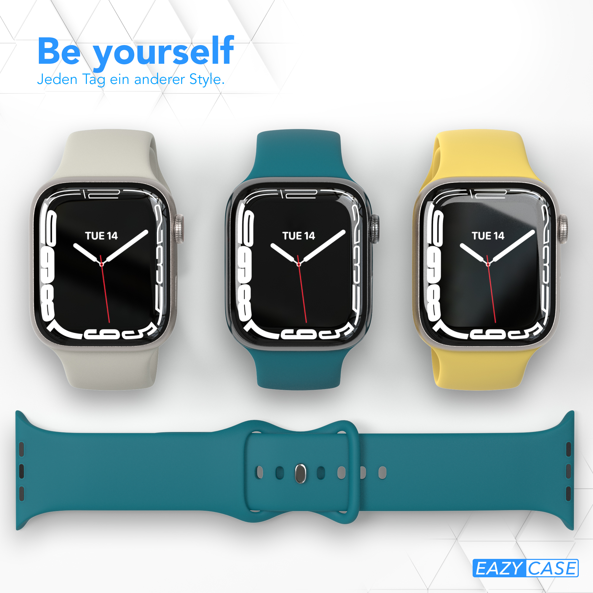Drei Smartwatches mit Armbändern. Eine grau, eine blau, eine gelb. Text: 'Sei du selbst'.