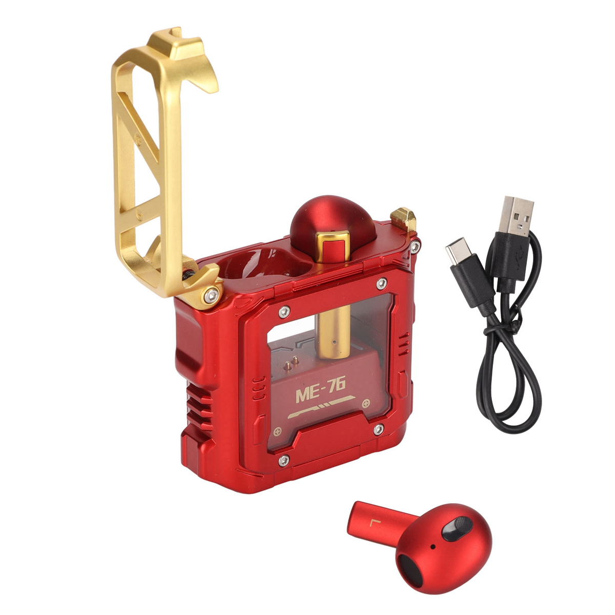 Rotes und goldenes Ladecase für Ohrhörer mit USB-C-Kabel und rotem Ohrhörer.