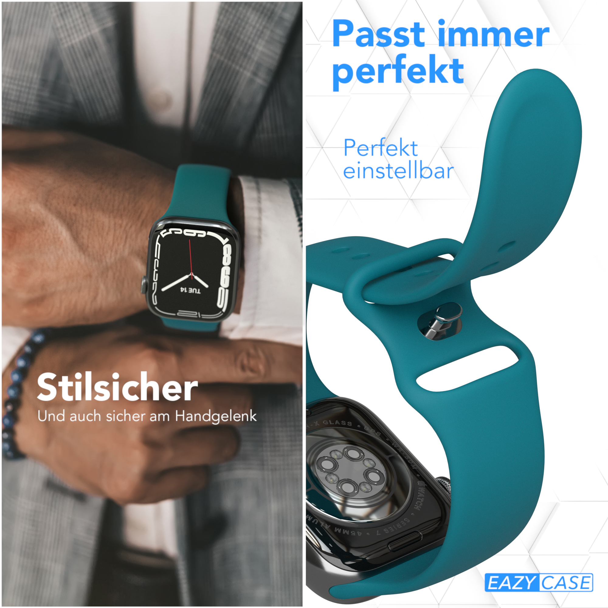 Eine türkisfarbene Smartwatch mit passendem Armband. Die Uhr ist am Handgelenk, das Band ist abgenommen. Weißer Hintergrund.