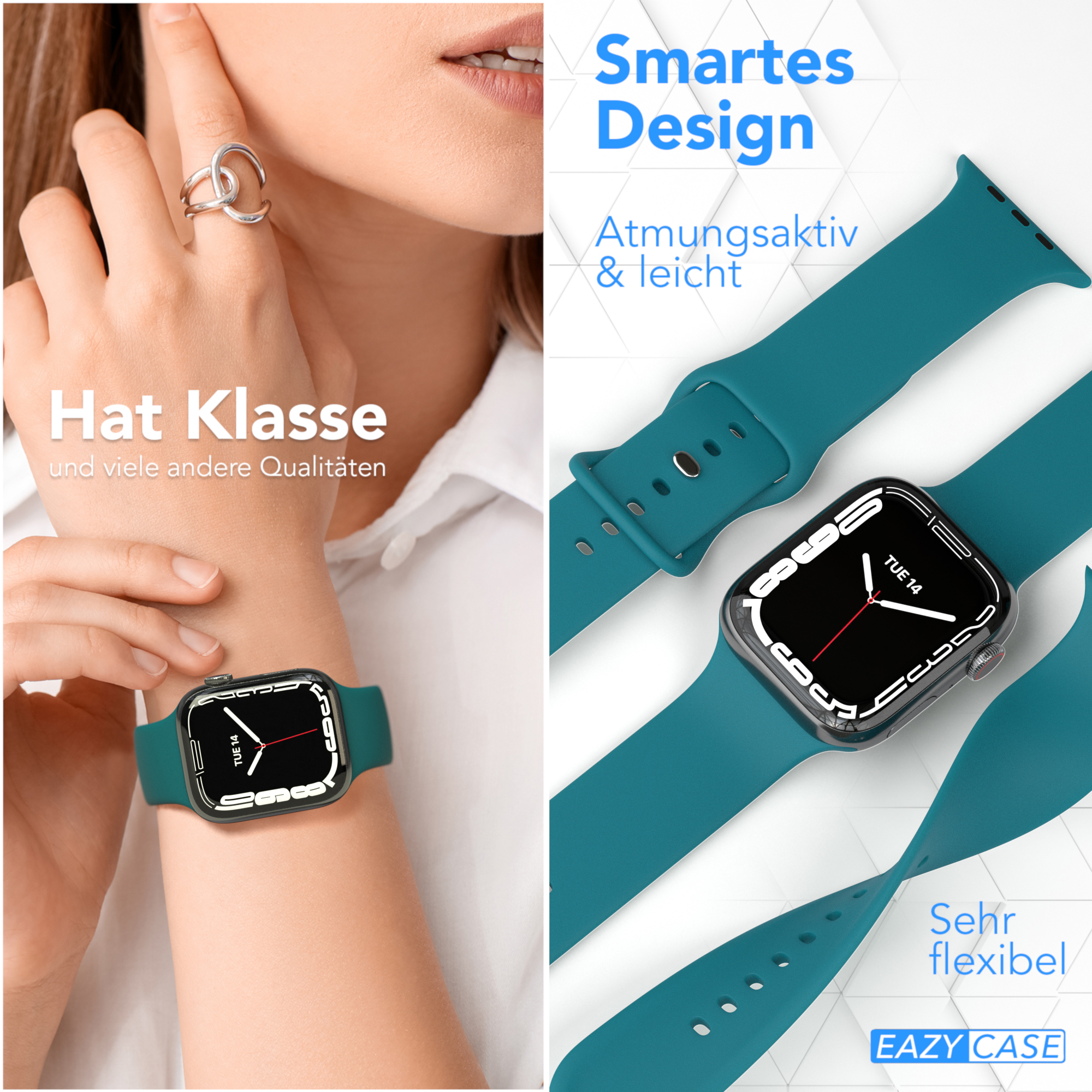 Das Handgelenk einer Frau mit einer Smartwatch. Eine Uhr und ein Armband werden auf einer Oberfläche präsentiert.