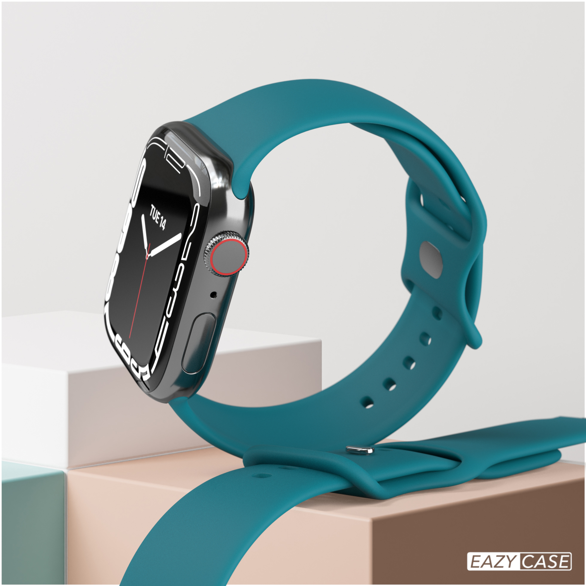 Türkisfarbene Smartwatch auf neutraler Oberfläche, mit türkisfarbenem Armband und silbernem Gehäuse.