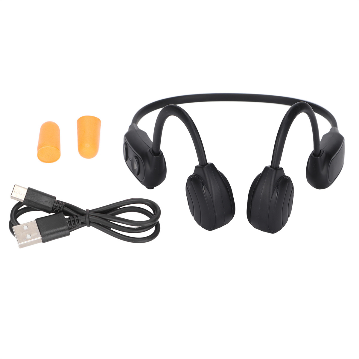 Schwarze Knochenschall-Kopfhörer mit Ladekabel und orangenen Ohrstöpseln auf weißem Hintergrund.