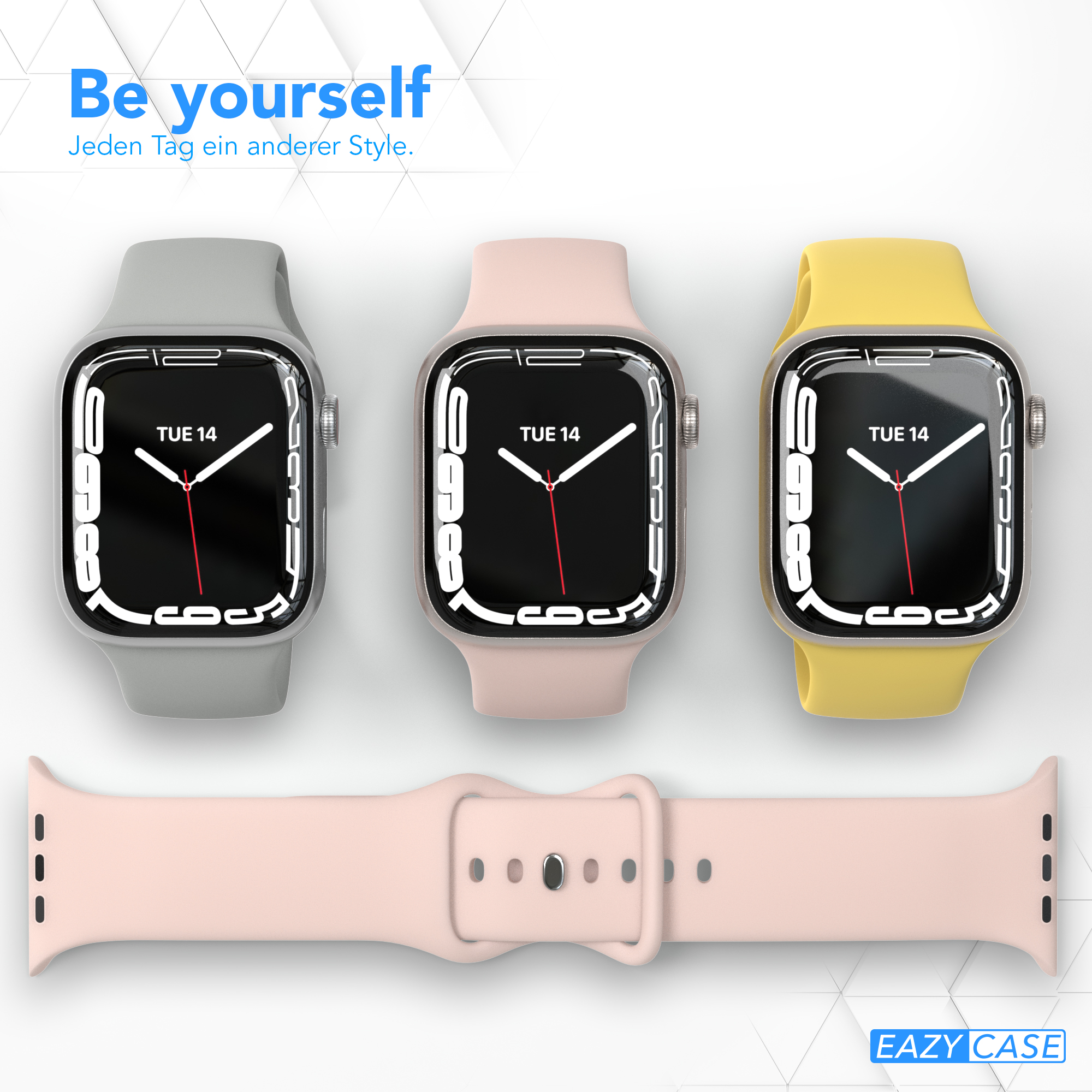 Drei Smartwatches mit verschiedenfarbigen Armbändern. Pink, gelb und grau. Weißer Hintergrund.