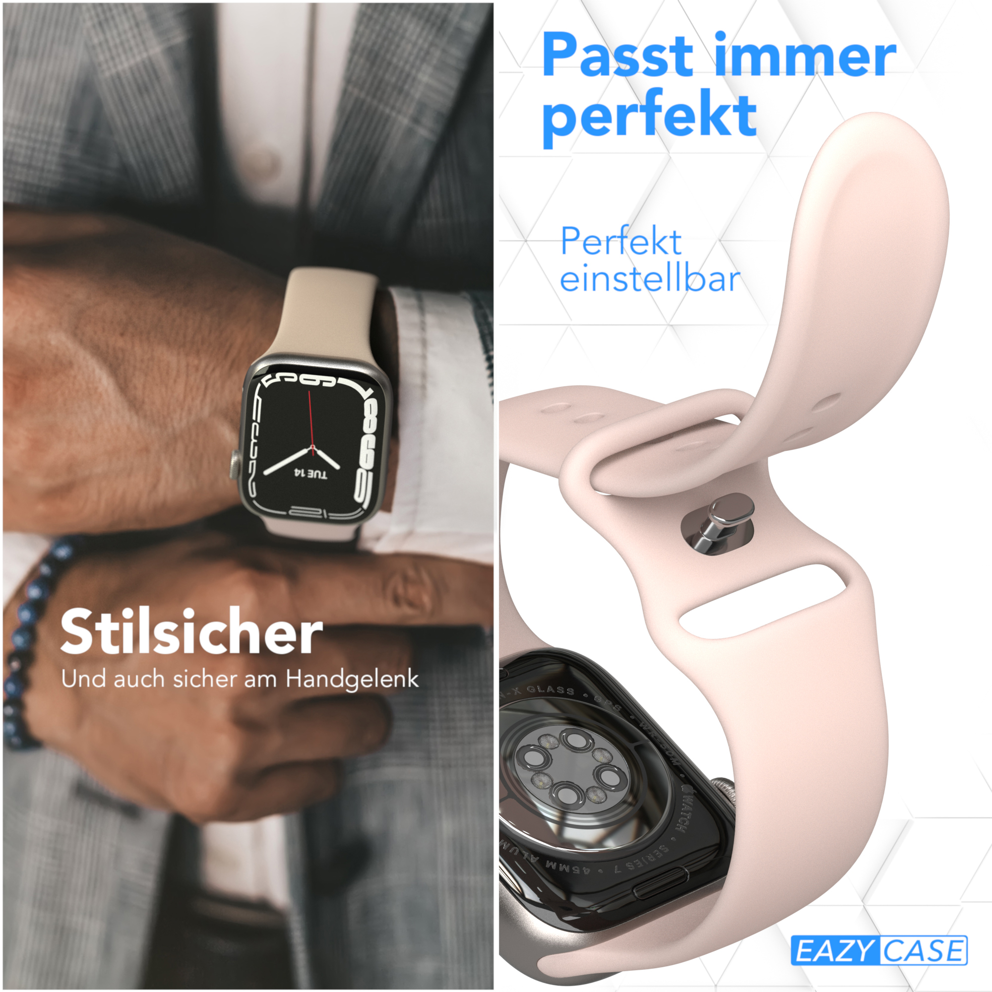 Zwei Bilder einer Person, die eine Smartwatch trägt. Eines zeigt ein Handgelenk mit Uhr und das andere mit Uhrenarmband.