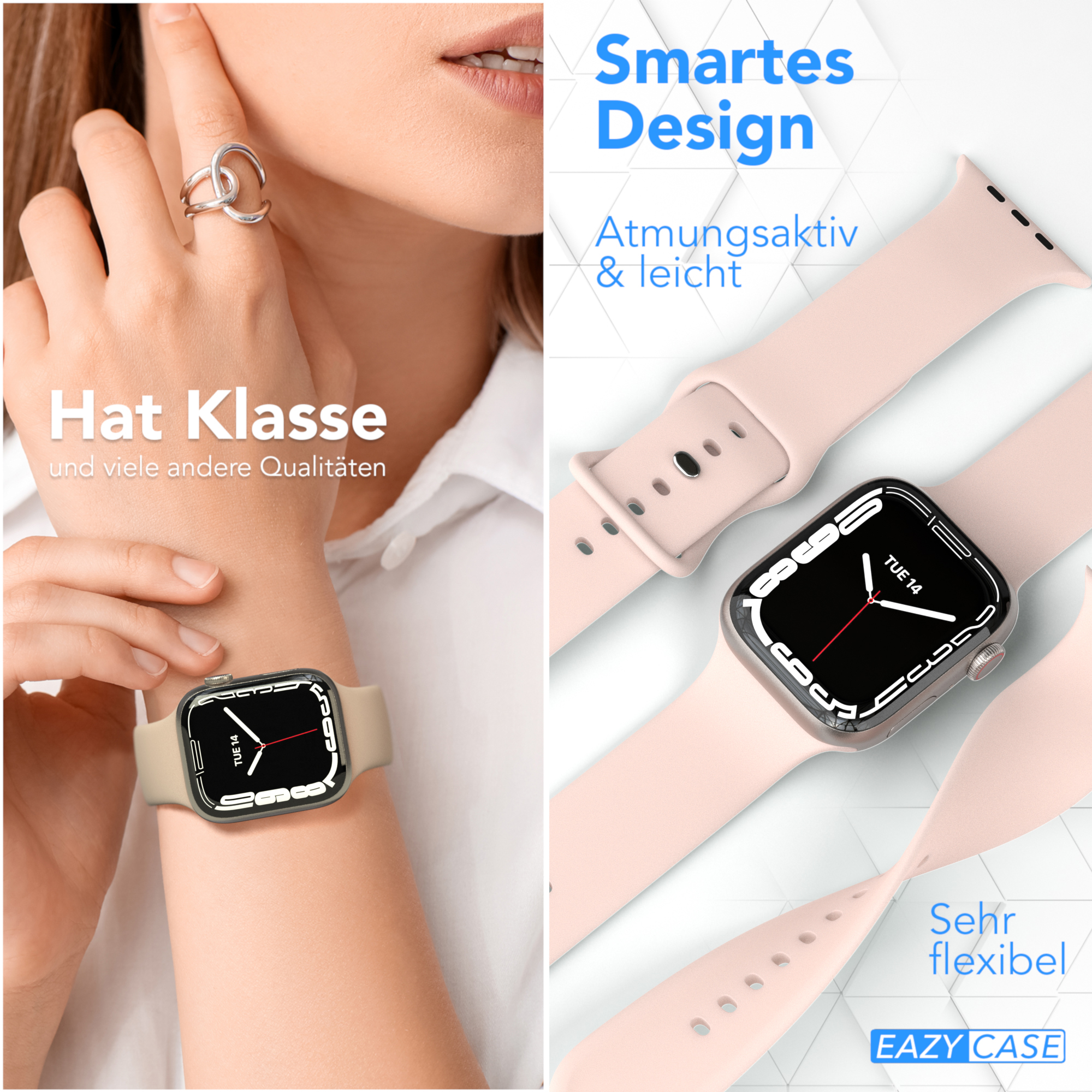 Eine Frau, die eine Uhr trägt. Eine Nahaufnahme zeigt eine Uhr mit rosa Armband.