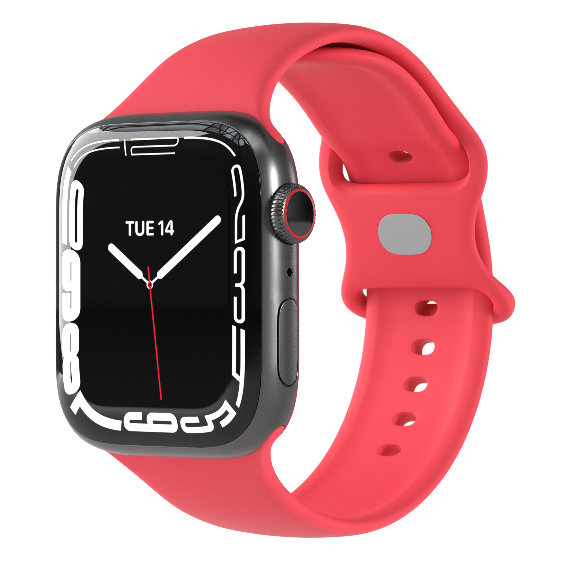 Eine schwarze Smartwatch mit rotem Armband. Der Bildschirm zeigt die Zeit und Daten an.