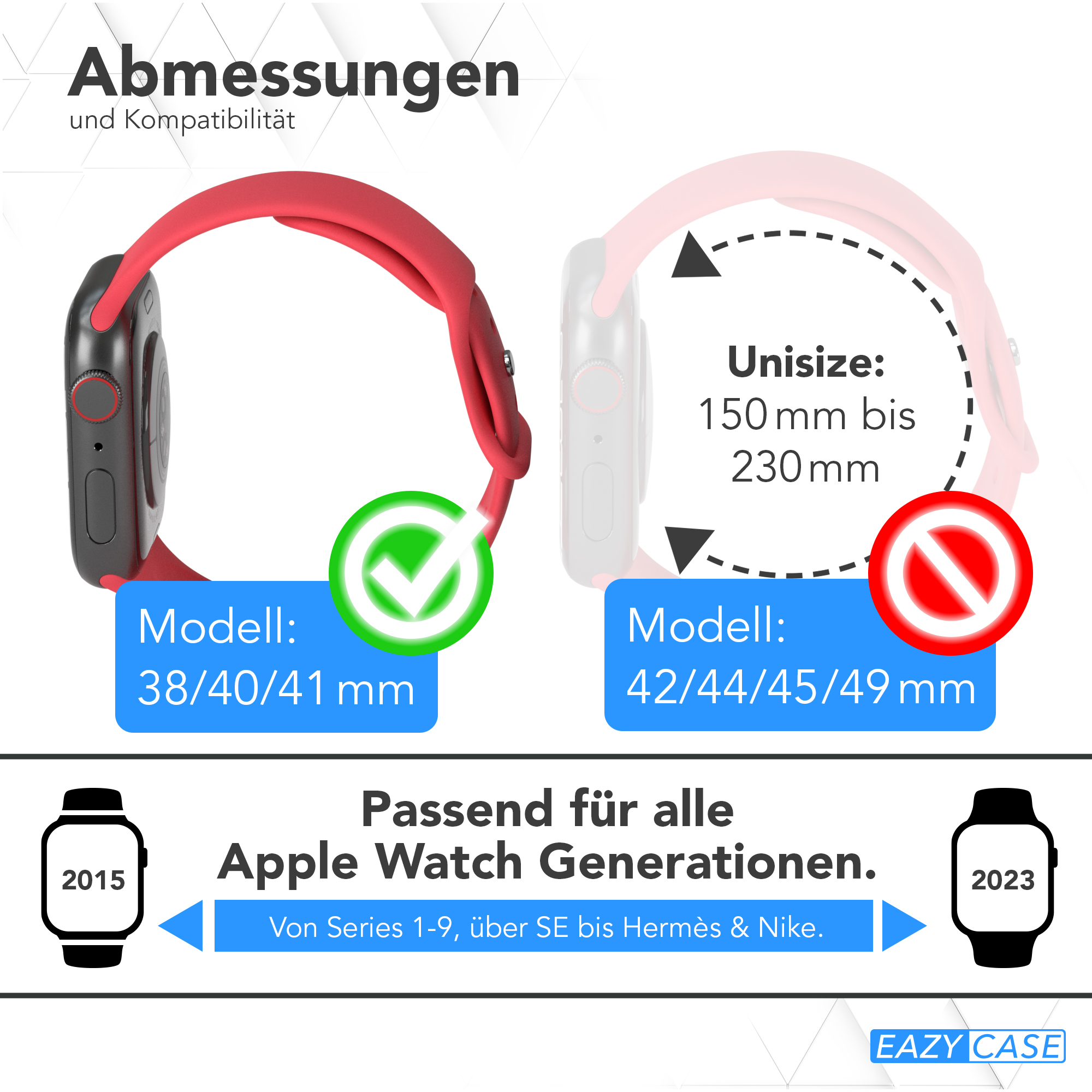 Diagramm der Apple Watch mit zwei Bändern, das kompatible Größen anzeigt. Text lautet: 'Passend für alle Apple Watch Generationen'.
