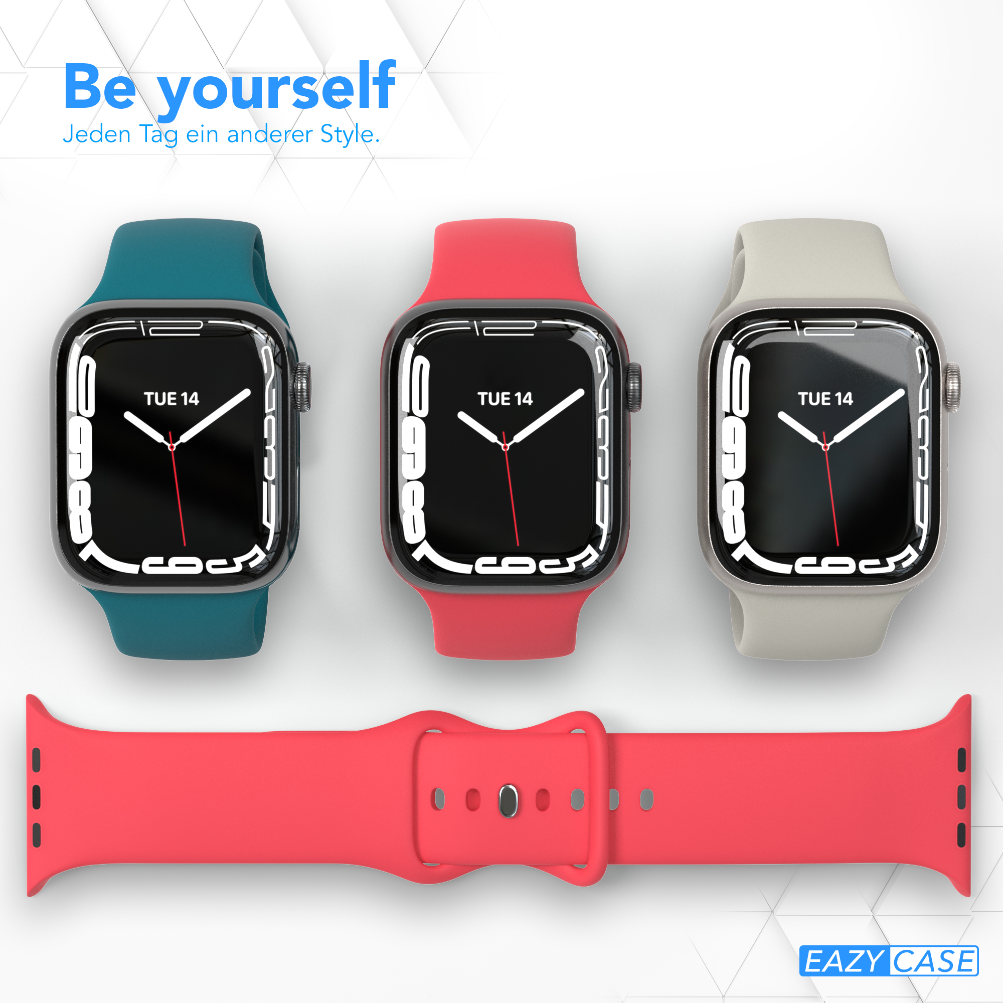 Drei Smartwatches mit verschiedenfarbigen Armbändern. Ein rotes Band liegt unter den Uhren.
