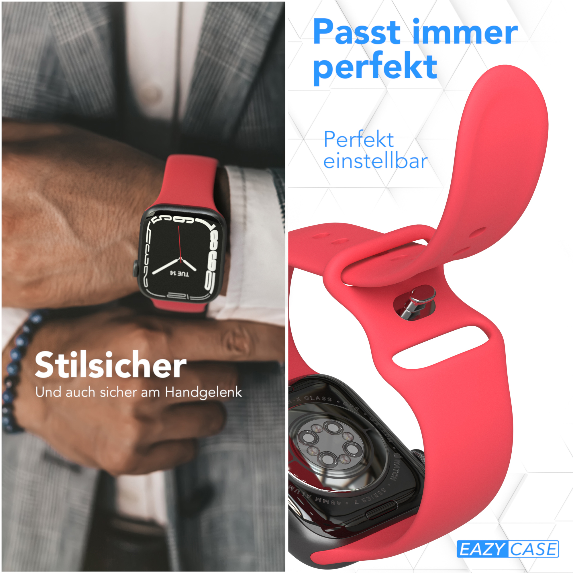 Eine rote Smartwatch am Handgelenk und ein passendes rotes Armband, das Design und die Passform zeigt.
