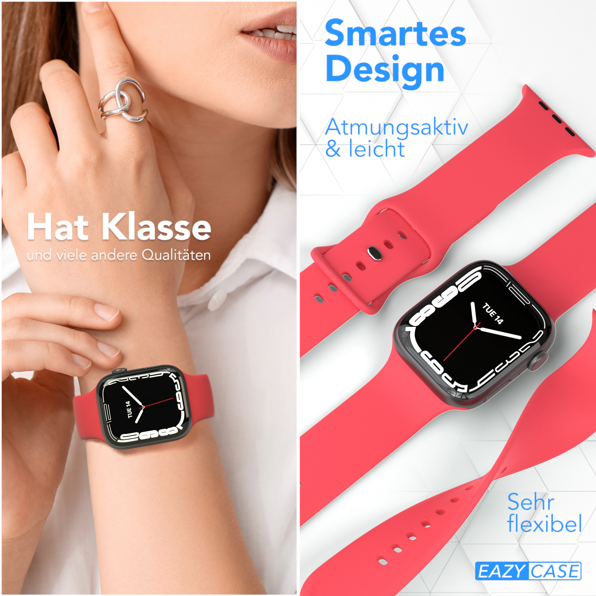 Handgelenk einer Frau mit roter Uhr und Armband. Text: Smartes Design, flexibel, atmungsaktiv.