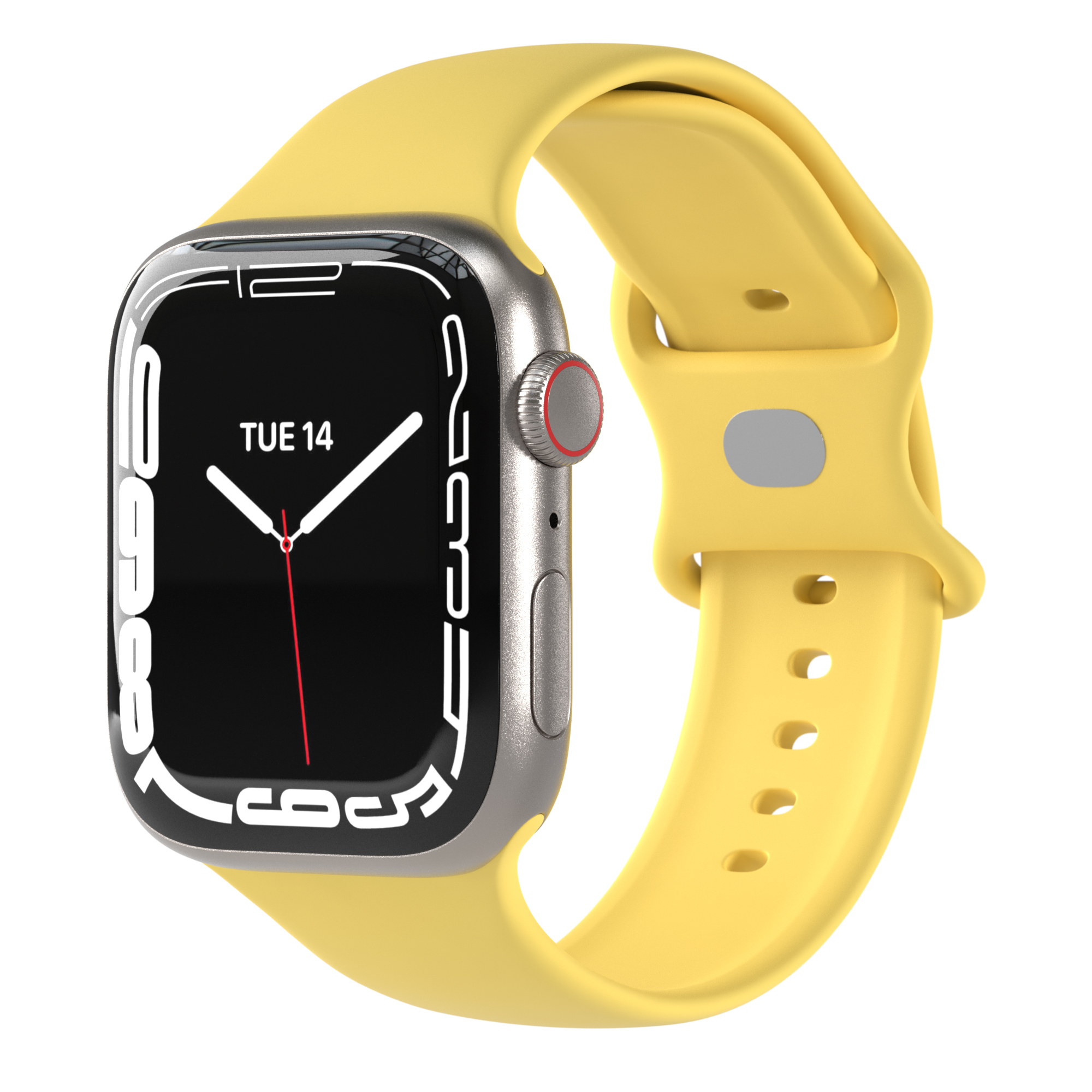 Silberne Apple Watch mit gelbem Armband, zeigt Di 14.