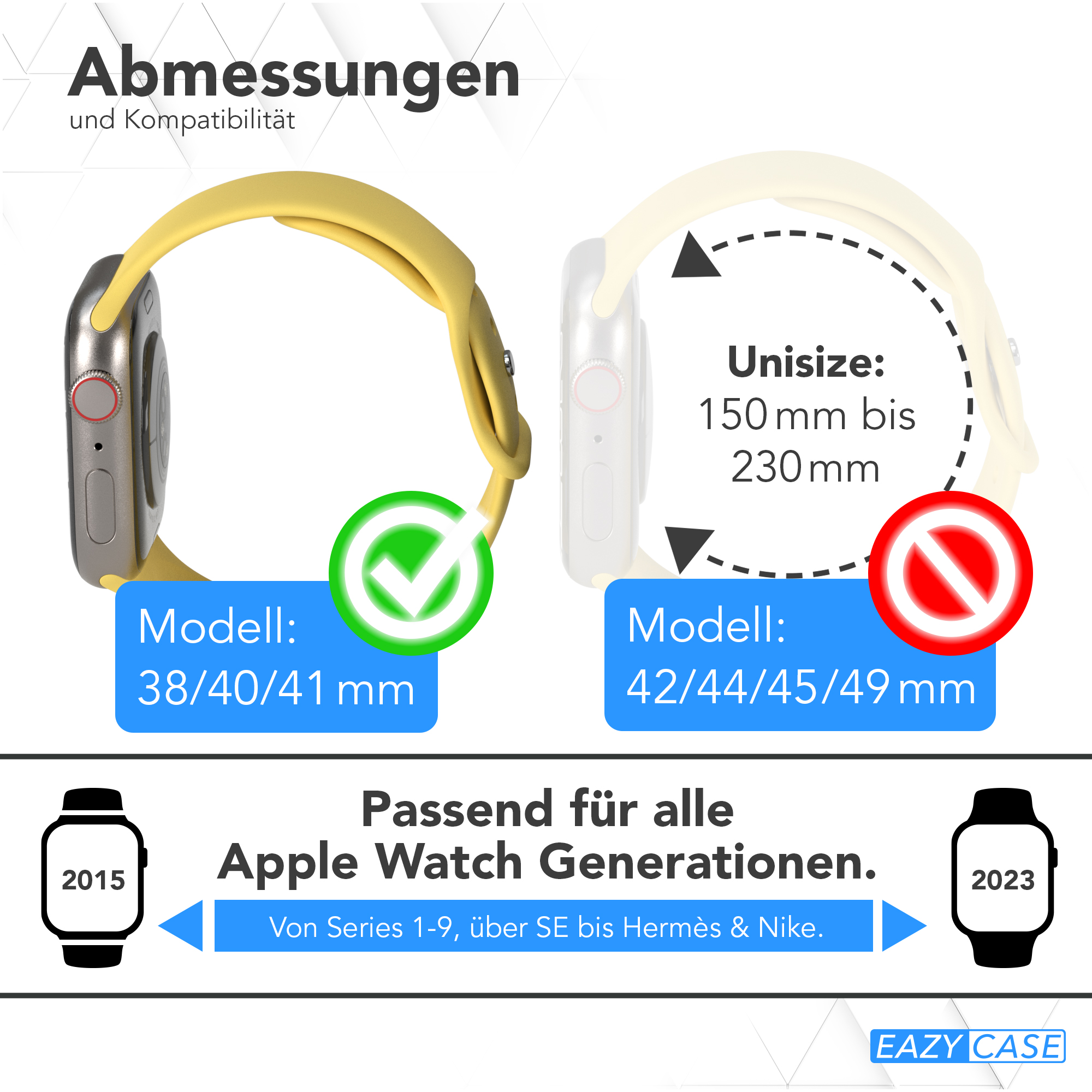 Zwei Uhren mit Armbändern. Eine hat ein grünes Häkchen, die andere ein rotes X. Text zeigt Kompatibilität mit Apple Watches.