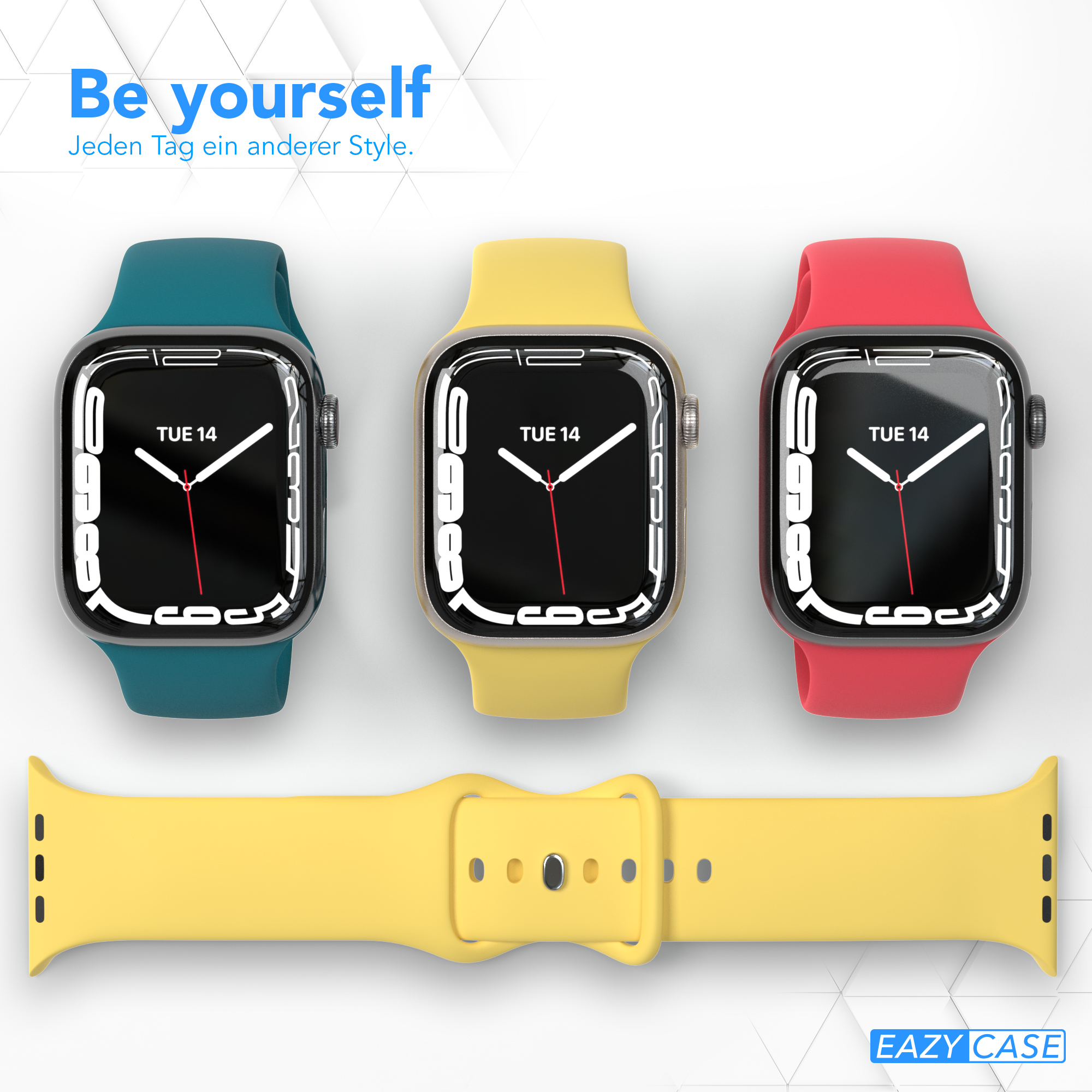 Drei Smartwatches mit unterschiedlich farbigen Armbändern. Ein gelbes Armband ist abgenommen. Text: Sei du selbst.