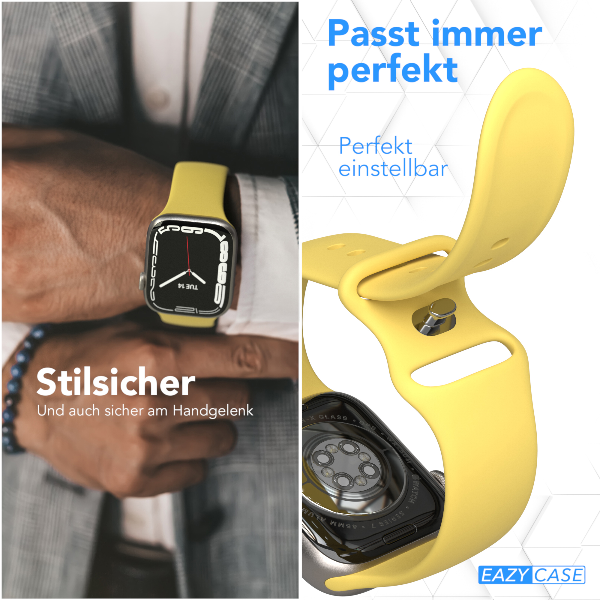 Eine Person, die eine gelbe Apple Watch trägt. Die Uhr zeigt die Uhrzeit an. Ein anderes Bild zeigt die Banddetails.