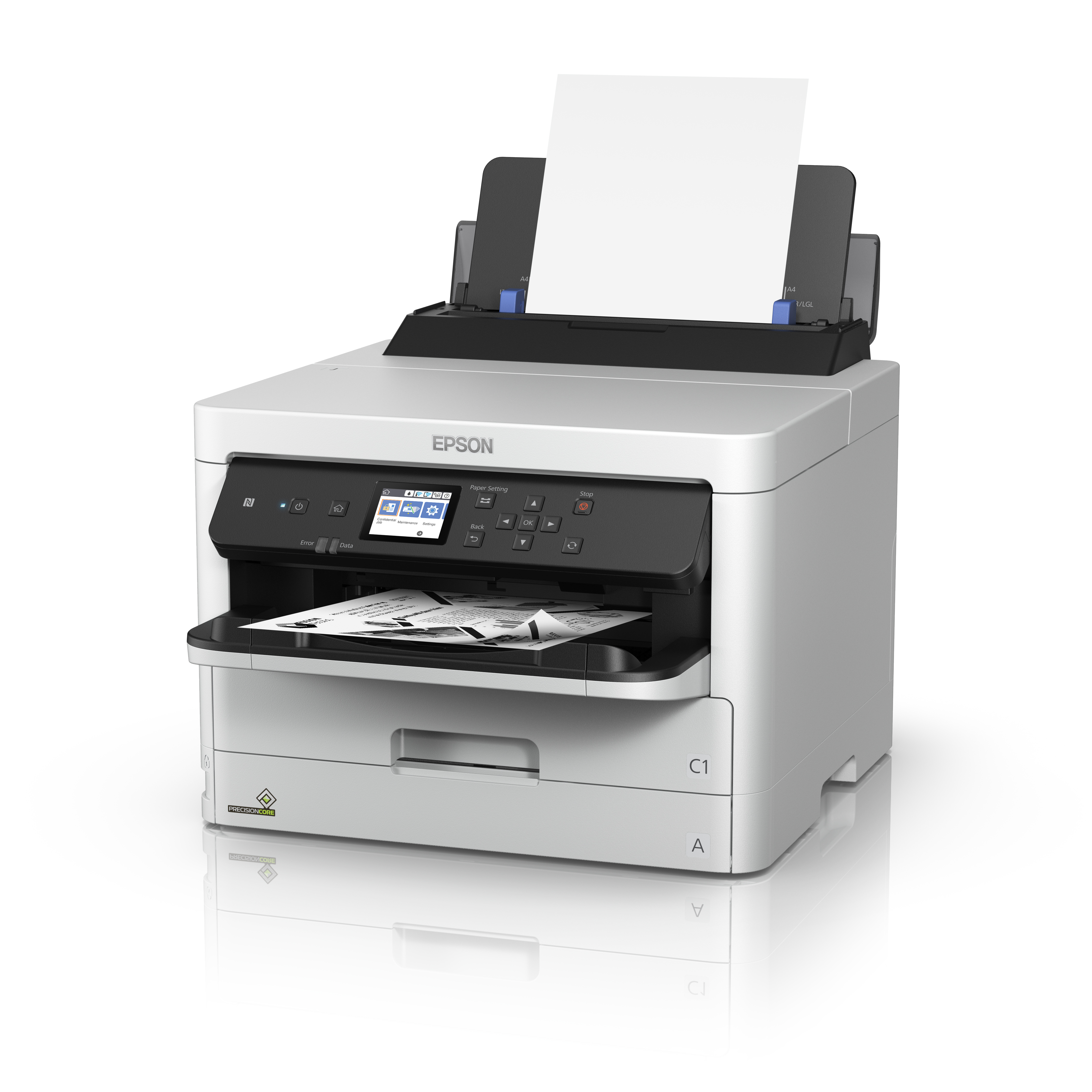 Stampante Epson bianca con carta nei vassoi. Con schermo e pulsanti di controllo.