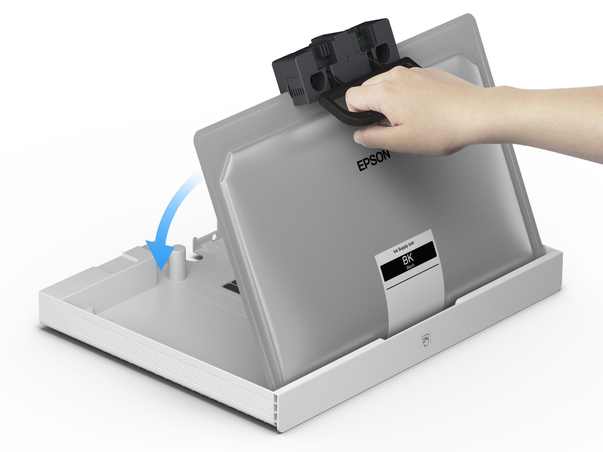Una mano che installa un serbatoio d'inchiostro in una stampante Epson.