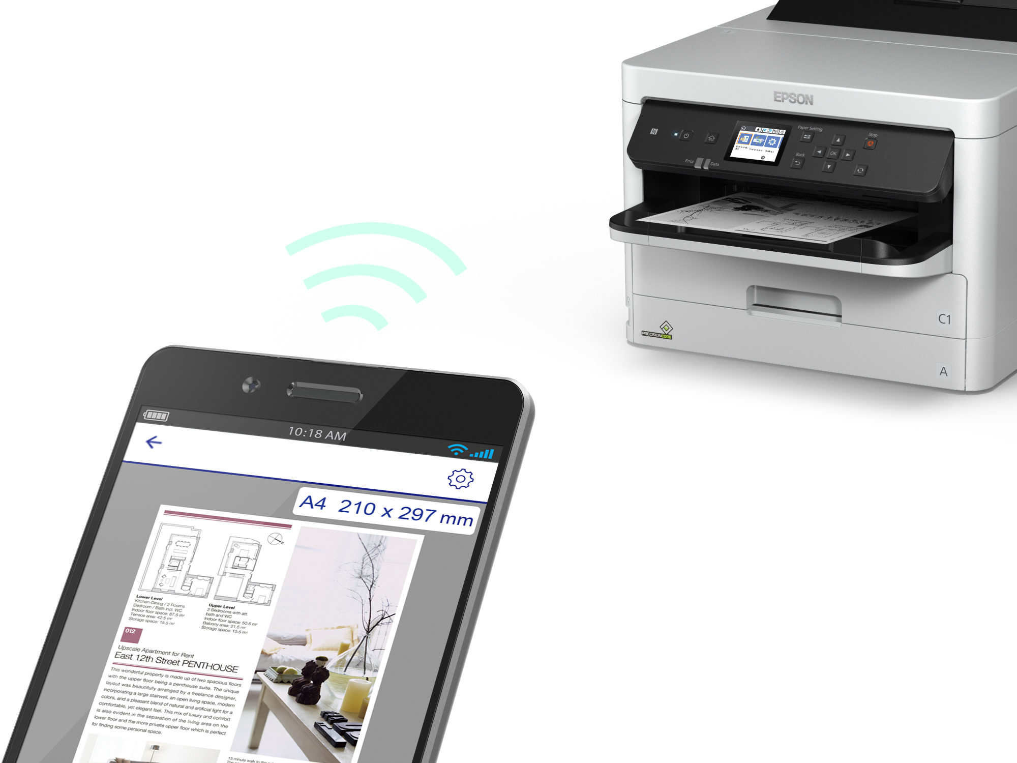 Uno smartphone accanto a una stampante Epson, che mostra un documento.