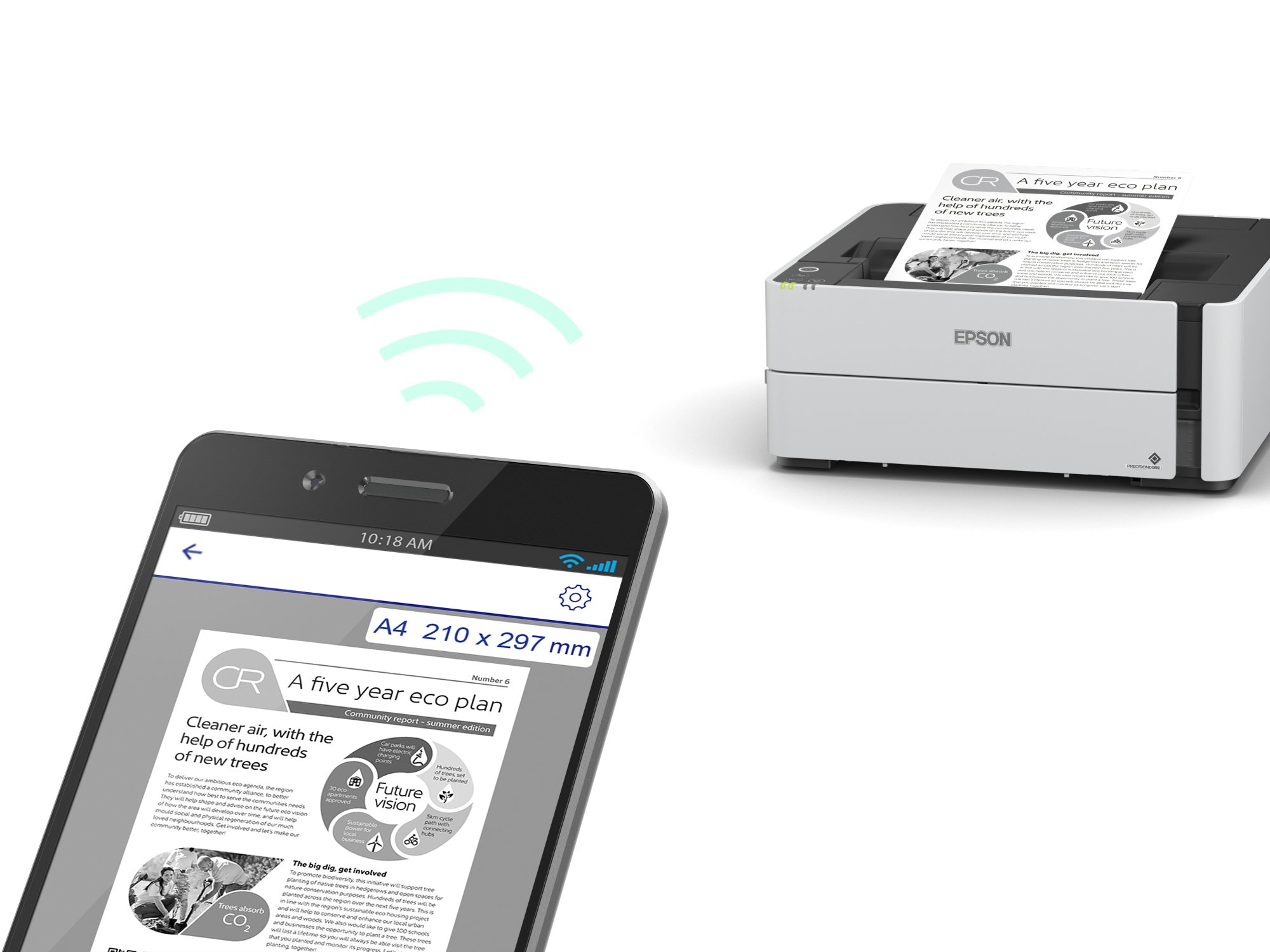 Smartfon pokazuje dokument, a w tle drukarka. Obecne są ikony sygnału bezprzewodowego.