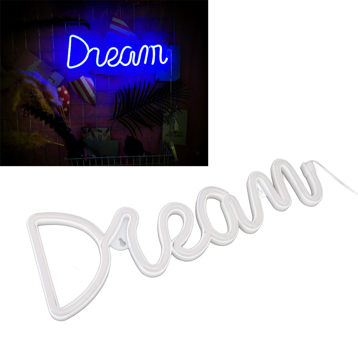 Neonschild mit der Aufschrift Dream. Das Schild ist weiß, und der Hintergrund ist dunkel.